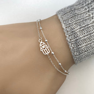 Double Chain Hamsa Hand Bracelet - Small Hand of Fatima Bracelet - Hamsa Hand Bracelet in Sterling Silver - Adjustable Talisman Bracelet