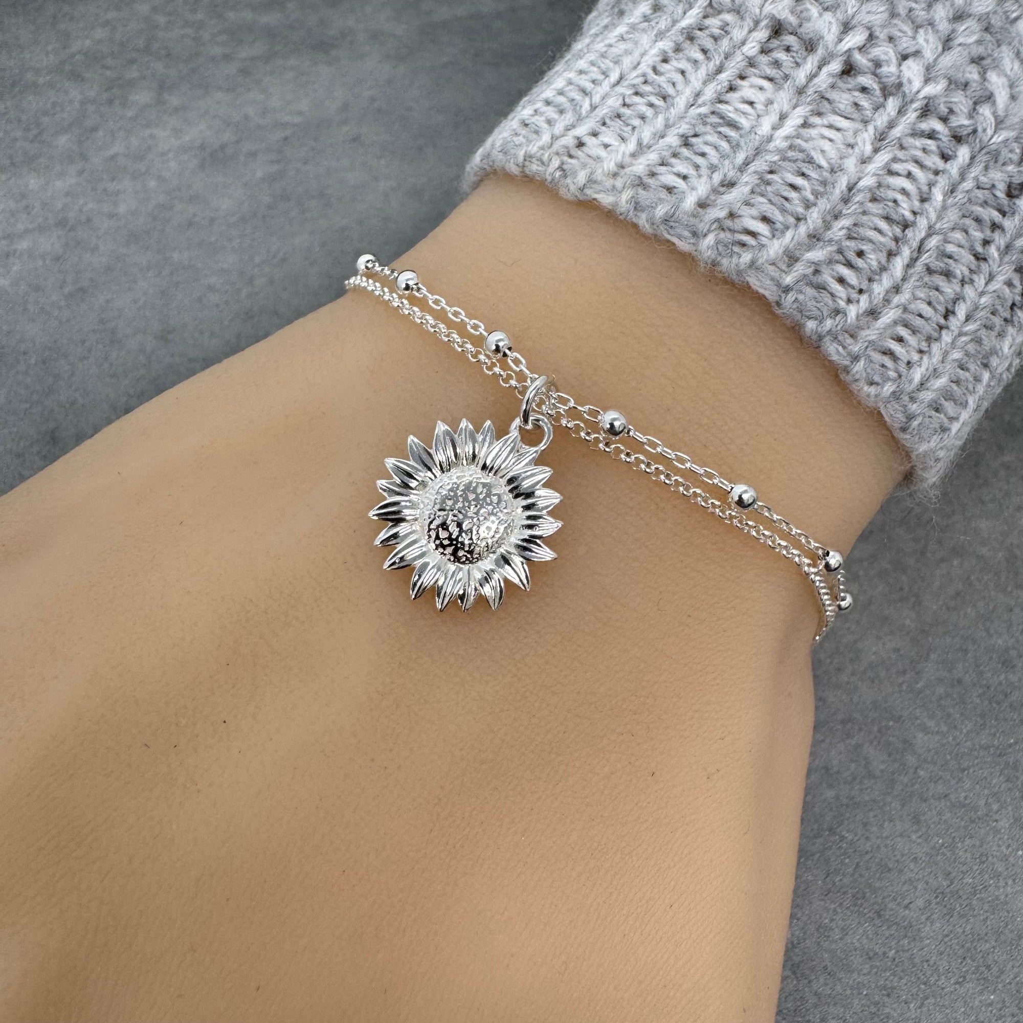 Sterling Silver Sunflower Bracelet, Anklet, Adjustable Sunflower Bracelet