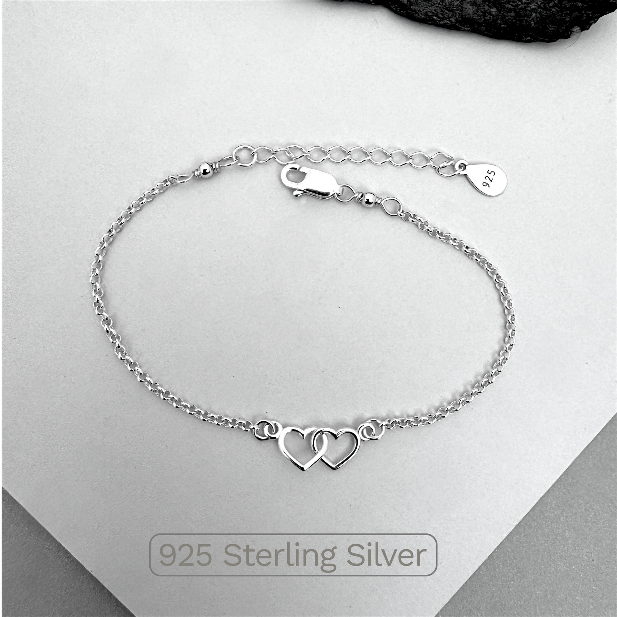 Sterling Silver Two Tiny Linked Hearts Bracelet - Friendship Bracelet