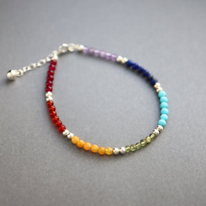 Dainty Sterling Silver 7 Chakra Gemstone Bracelet - JewelleryByZM 