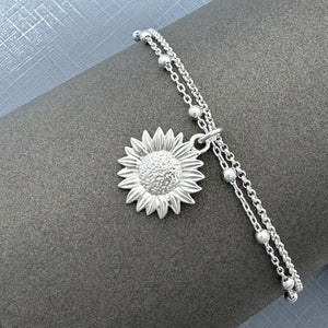 Sterling Silver Sunflower Bracelet, Anklet, Adjustable Sunflower Bracelet