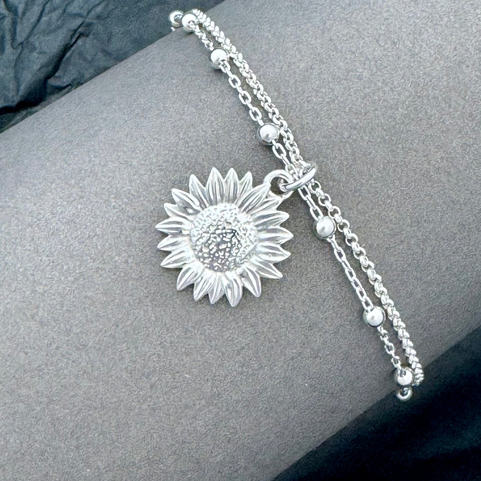 Sterling Silver Sunflower Bracelet, Anklet, Adjustable Sunflower Bracelet - JewelleryByZM 