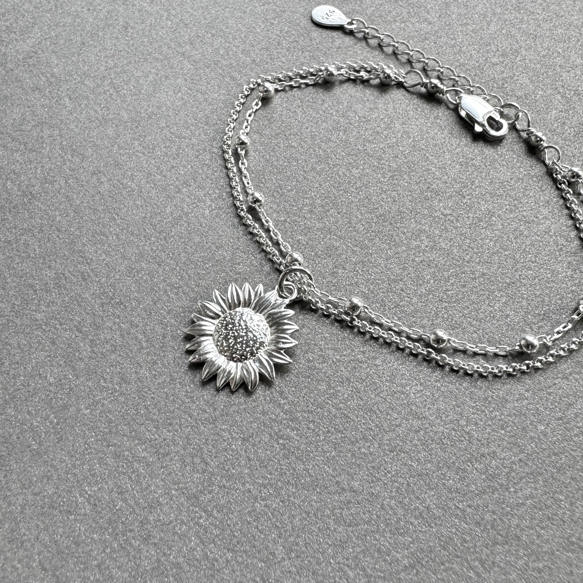 Sterling Silver Sunflower Bracelet, Anklet, Adjustable Sunflower Bracelet