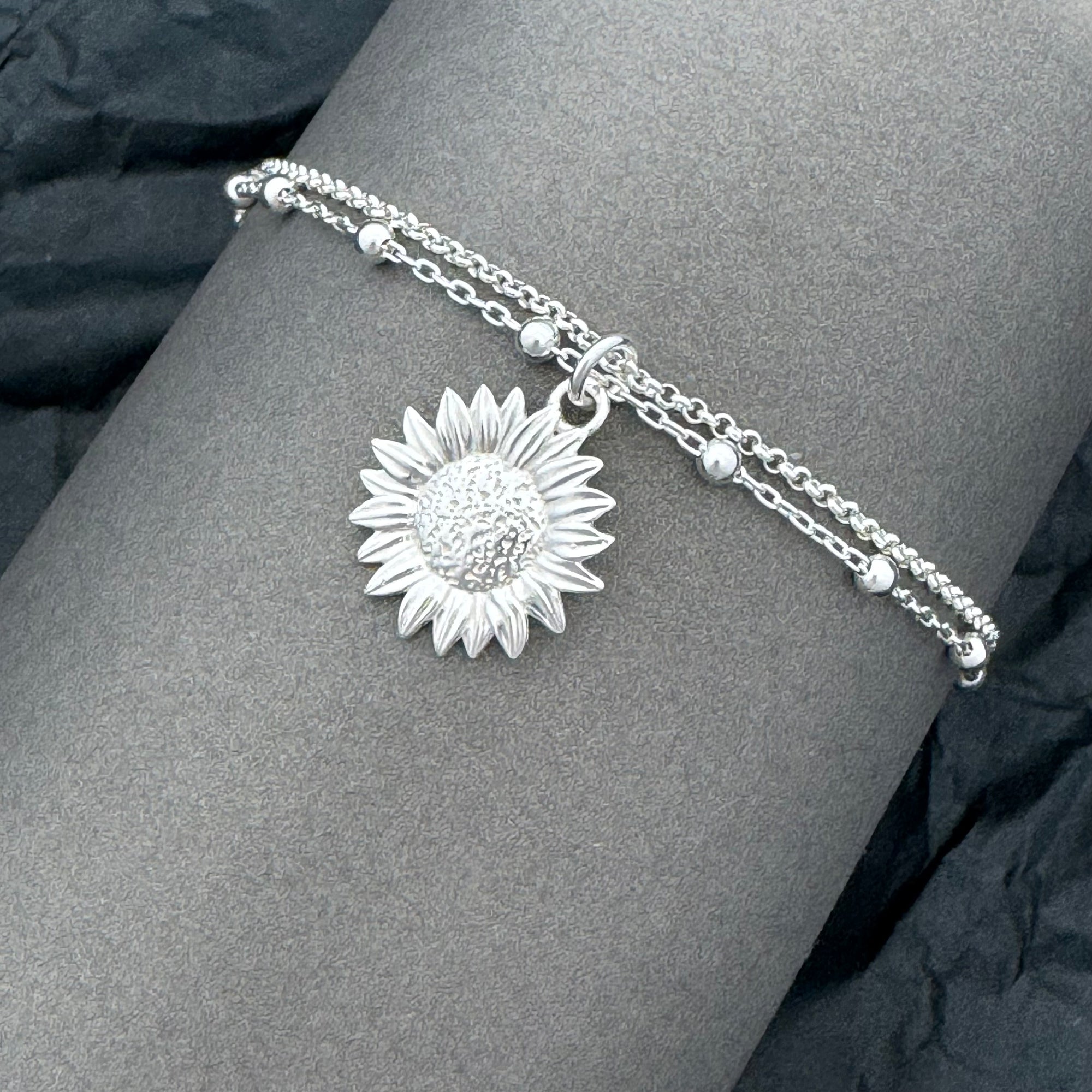 Sterling Silver Sunflower Bracelet, Anklet, Adjustable Sunflower Bracelet