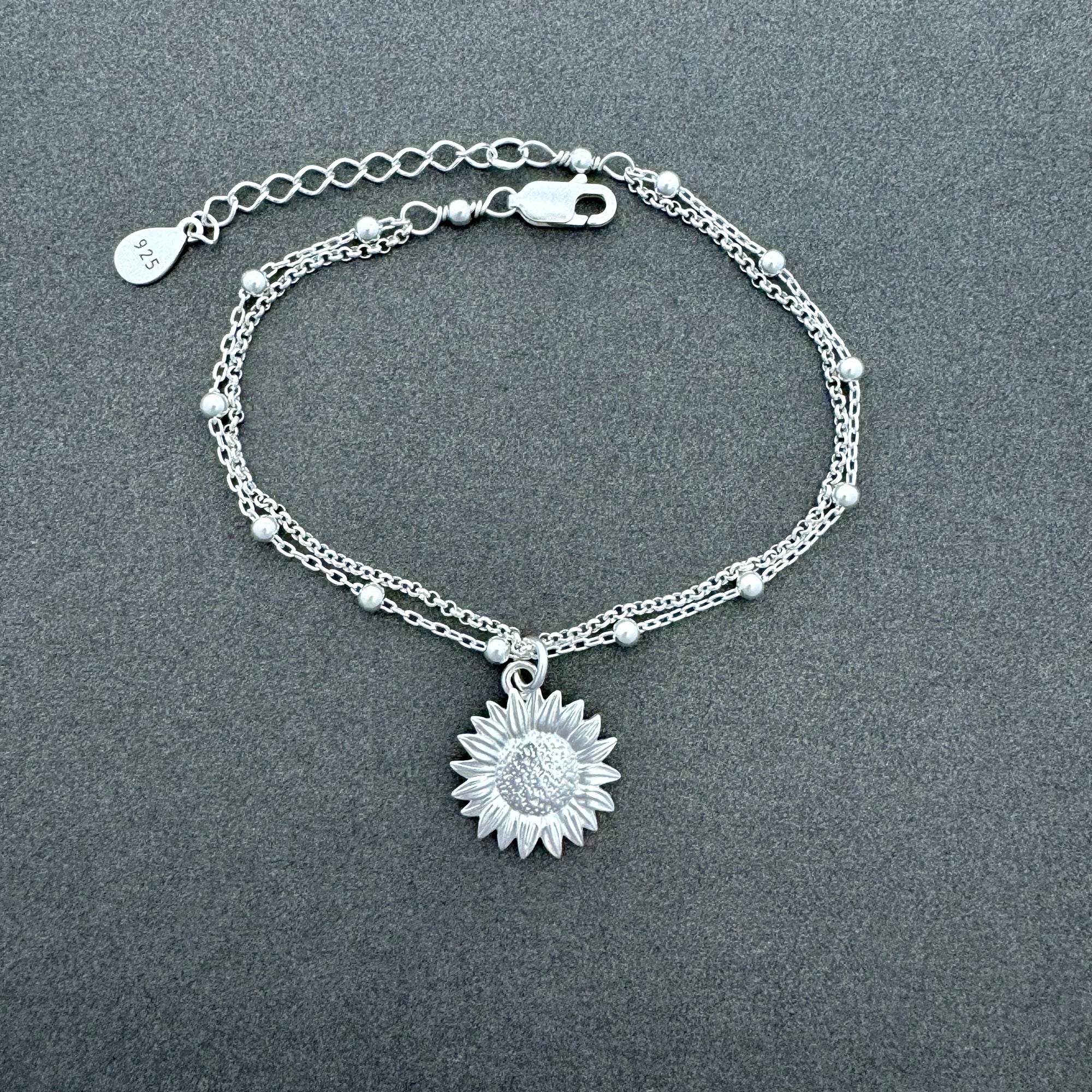 Sterling Silver Sunflower Bracelet, Anklet, Adjustable Sunflower Bracelet