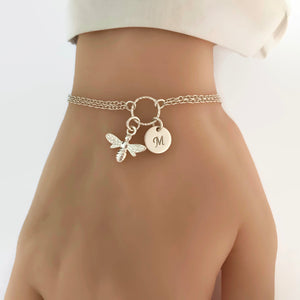 Personalized Bee Bracelet in Sterling Silver - Adjustable Personalized Bee Bracelet - JewelleryByZM 