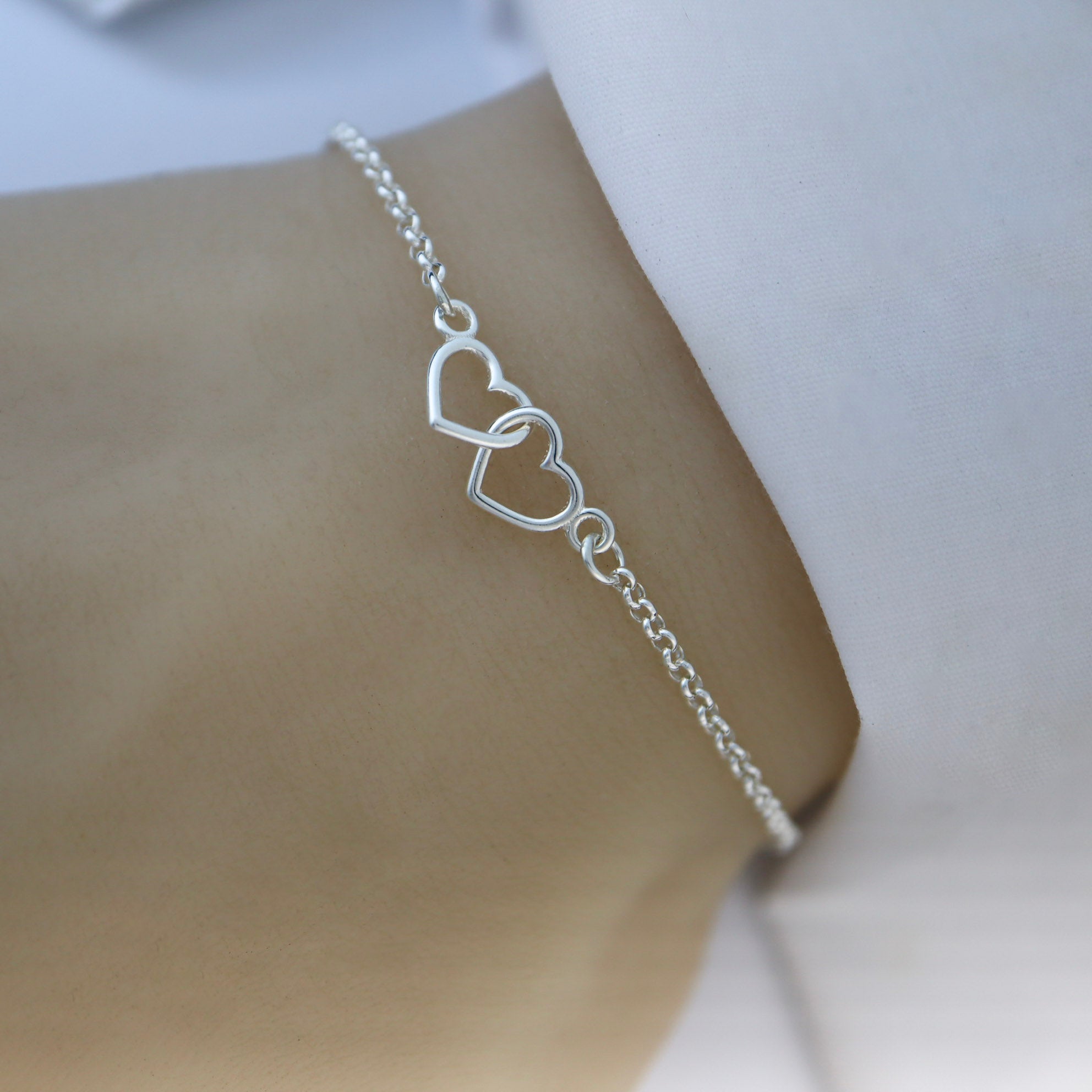 Sterling Silver Two Tiny Linked Hearts Bracelet - Friendship Bracelet