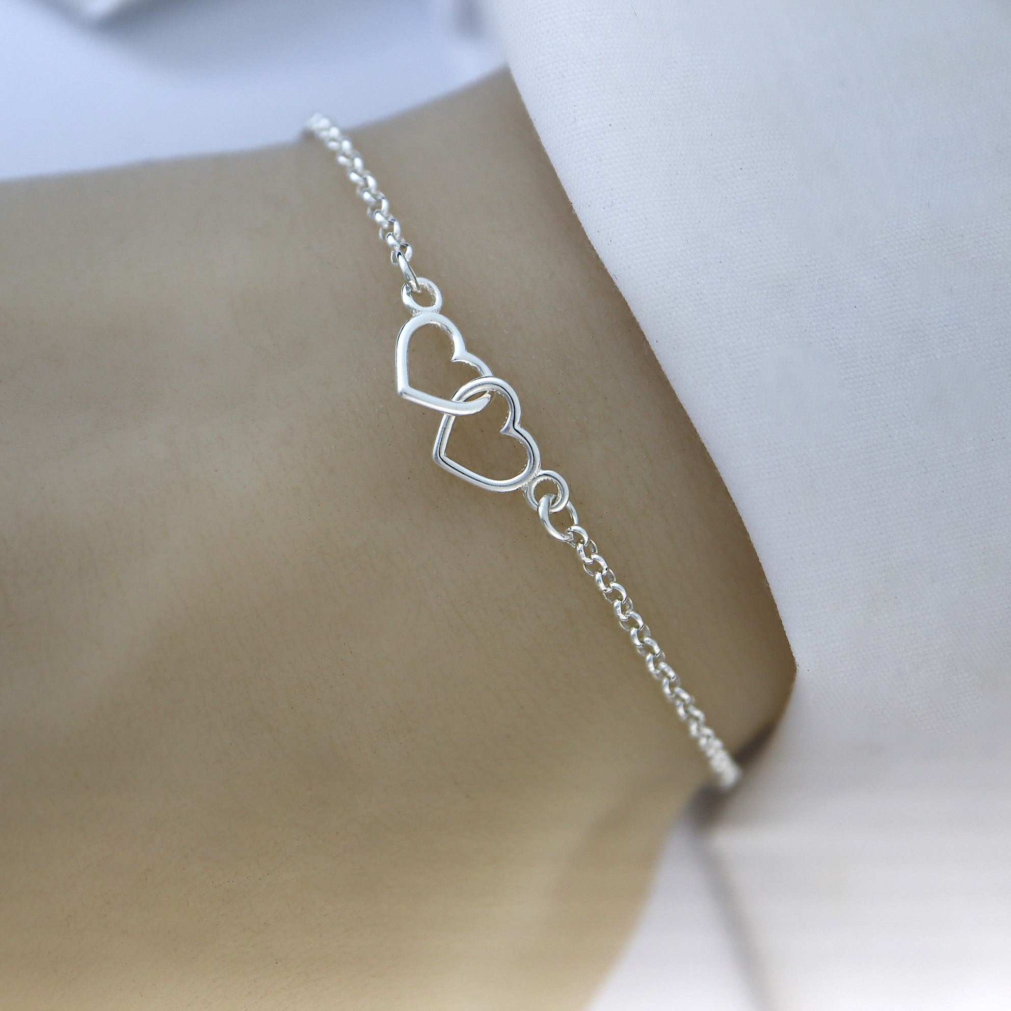 Sterling Silver Two Tiny Linked Hearts Bracelet - Friendship Bracelet