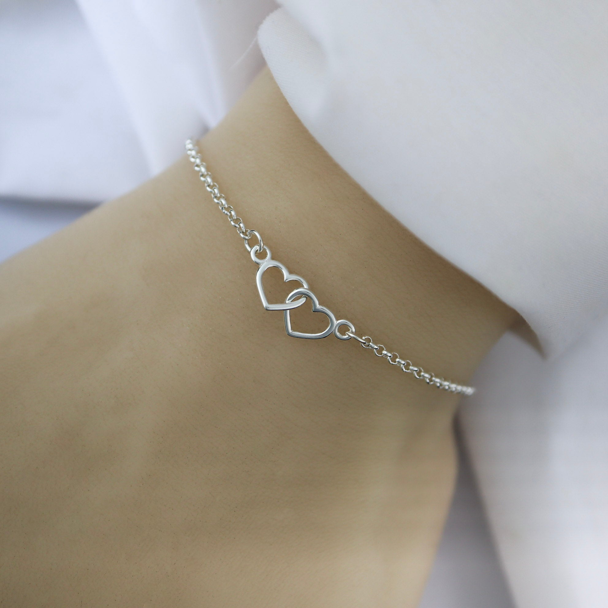 Sterling Silver Two Tiny Linked Hearts Bracelet - Friendship Bracelet