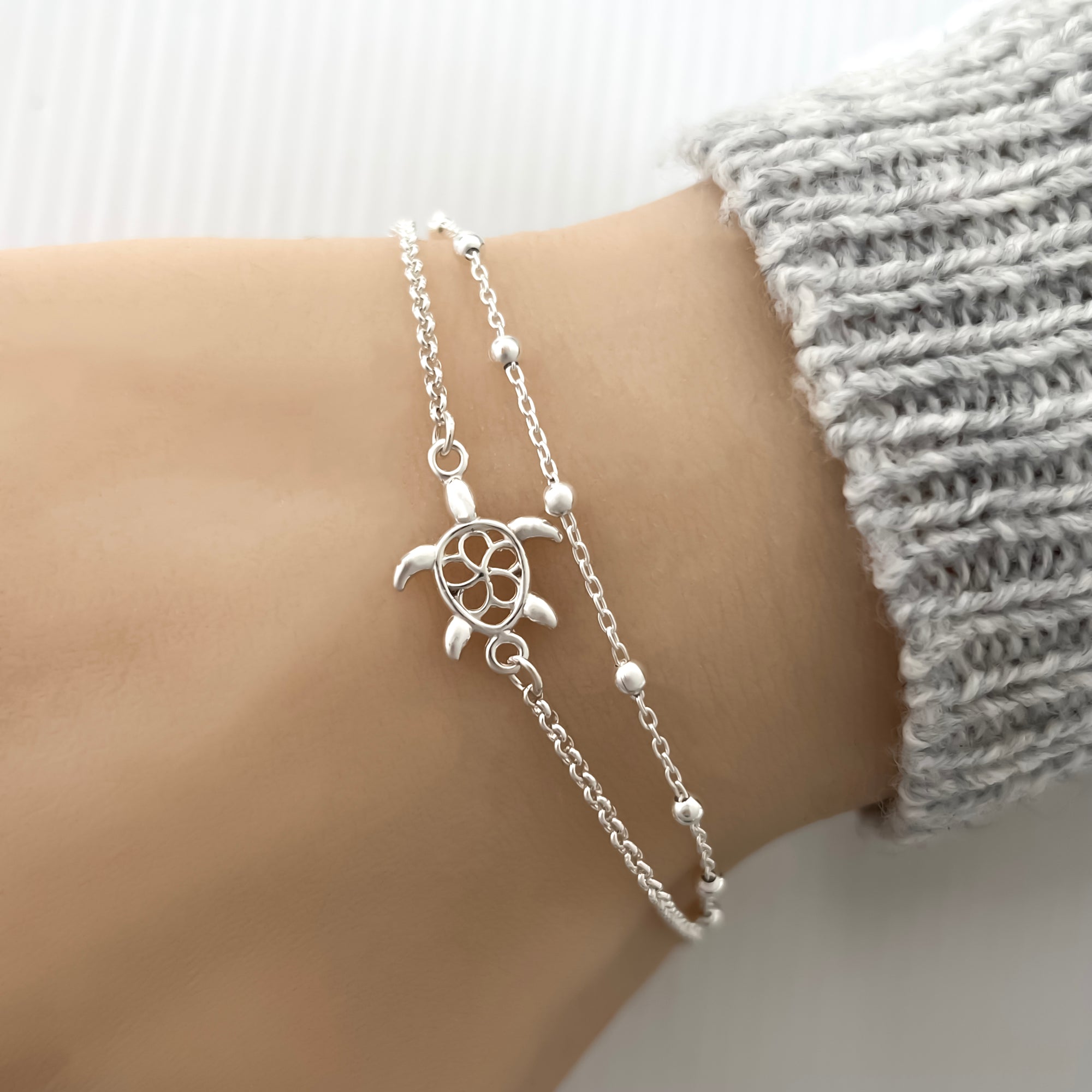 Sterling Silver Double Chain Turtle Bracelet