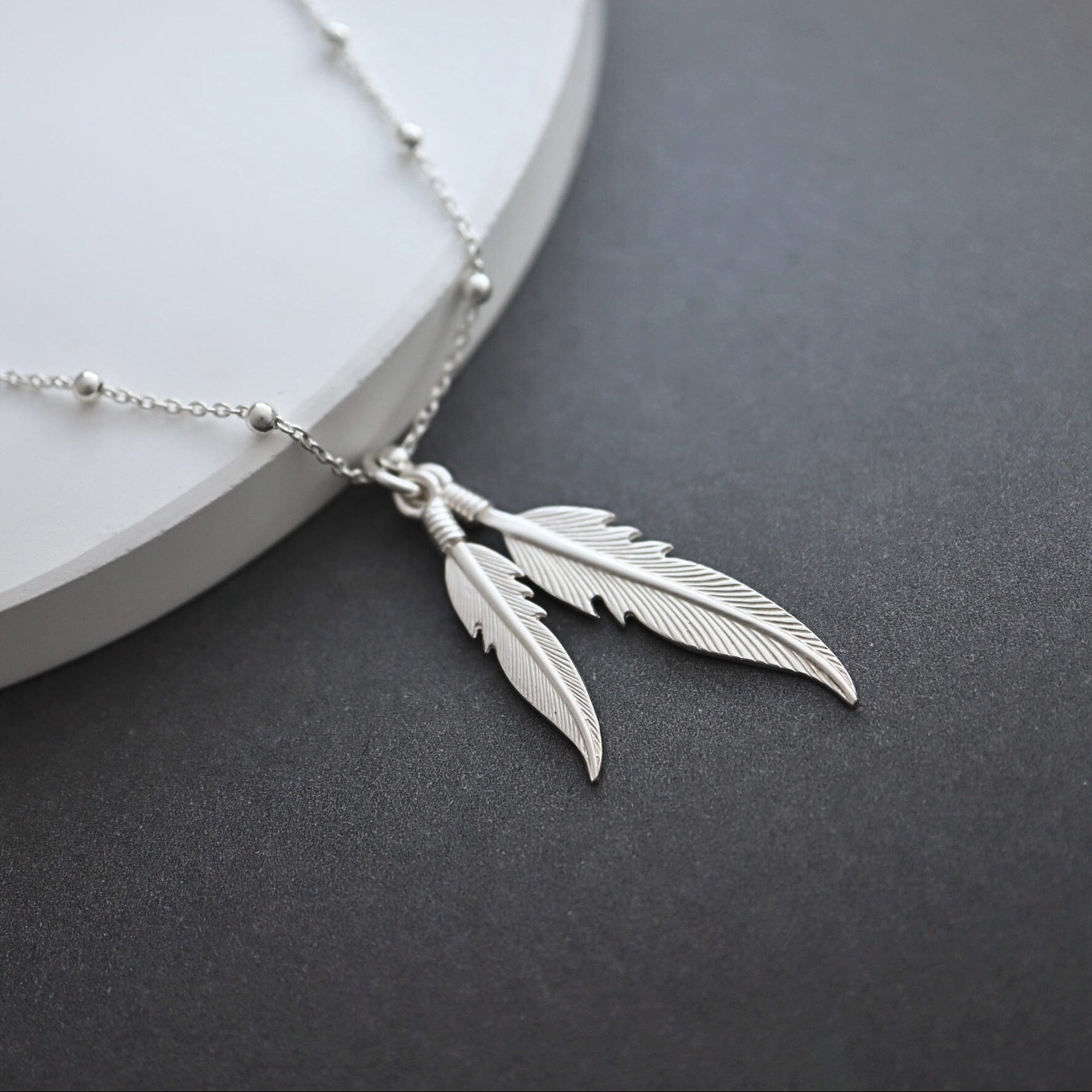 Sterling Silver Double Feather Necklace | Angel Jewellery UK