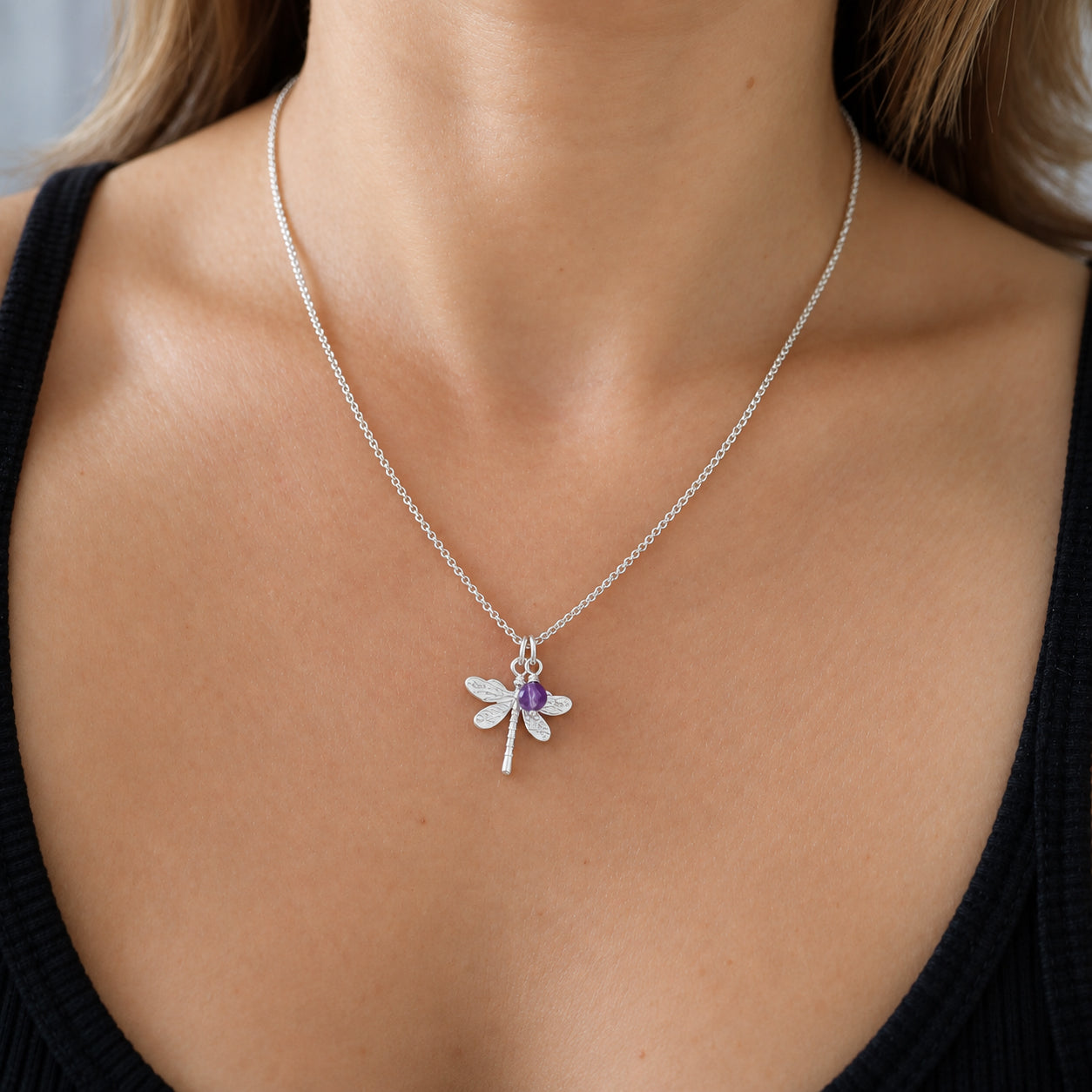 Sterling Silver Dragonfly Necklace – Optional Birthstone or Gemstone Charm