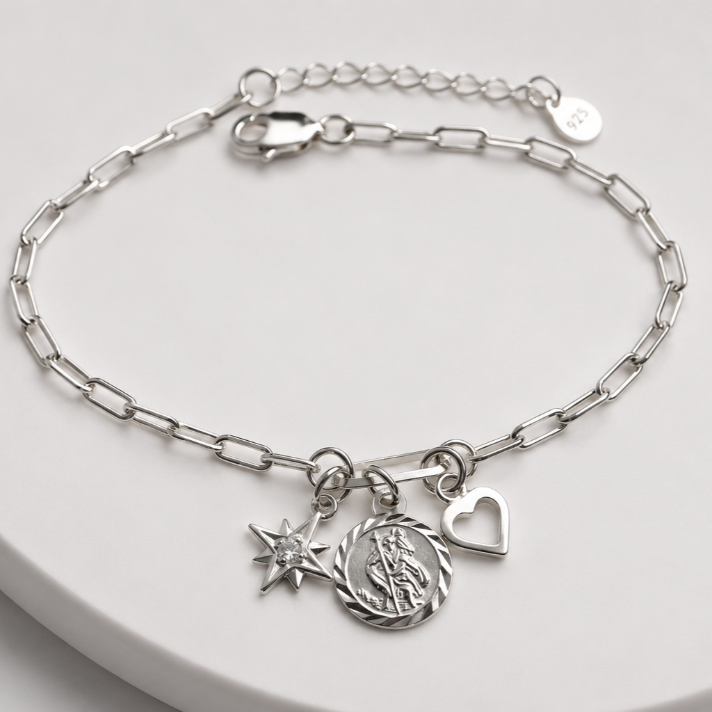 Sterling Silver St Christopher Bracelet with North Star Charm - Traveller Protection Gift