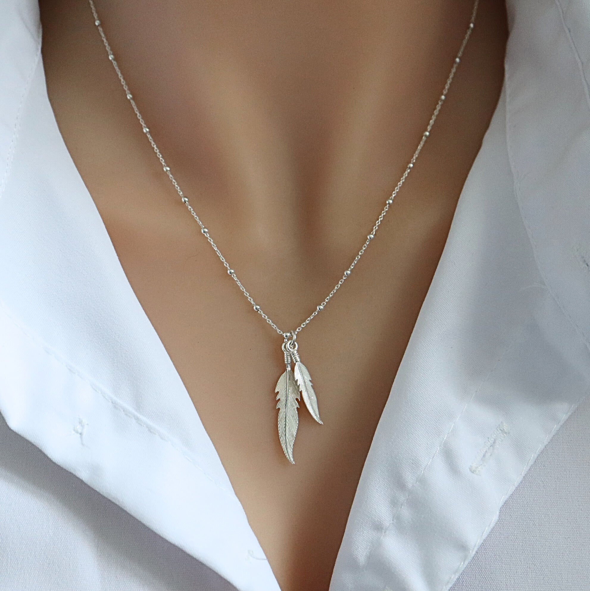 Sterling Silver Double Feather Necklace | Angel Jewellery UK 