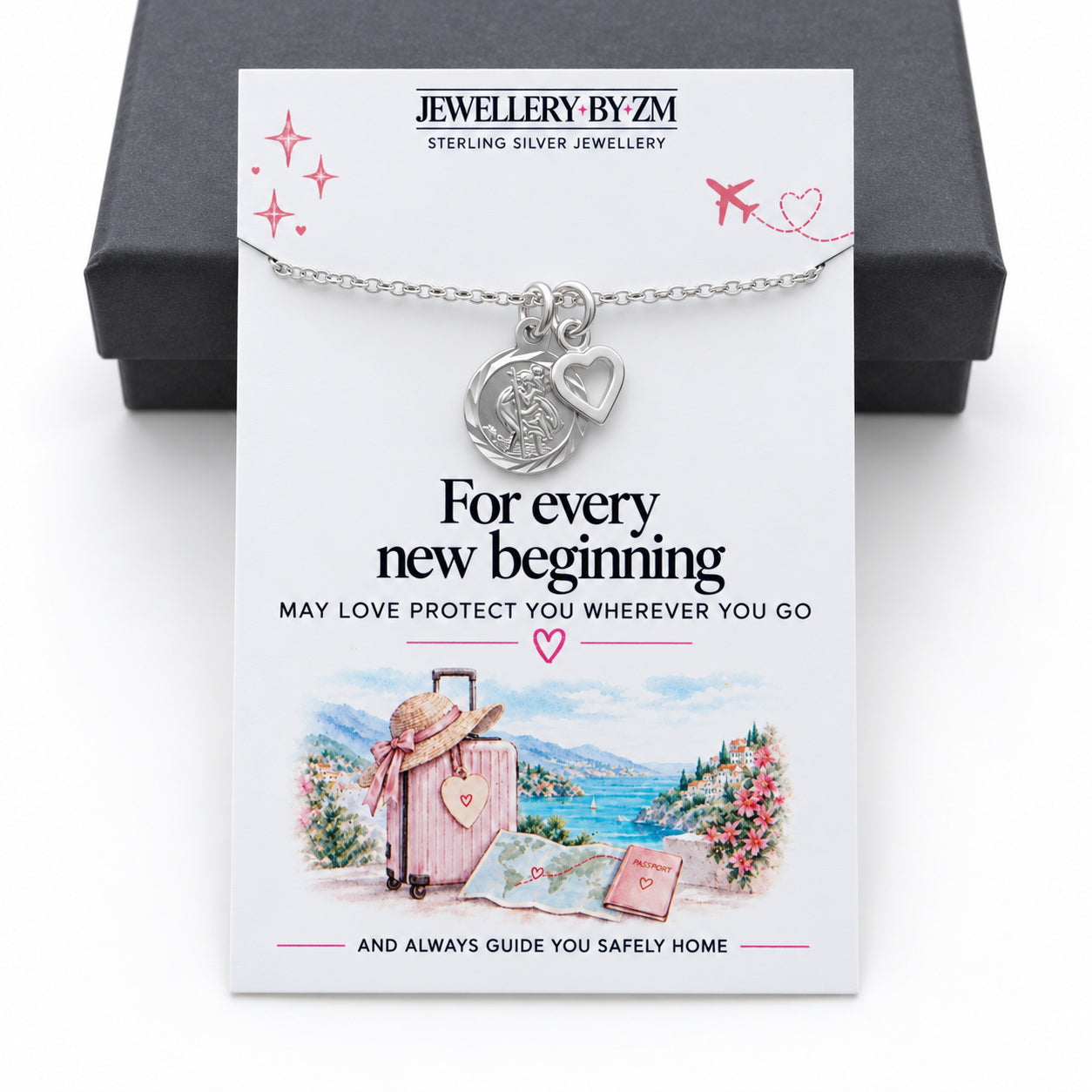 Sterling Silver St Christopher & Heart Necklace - Safe Travels Gift