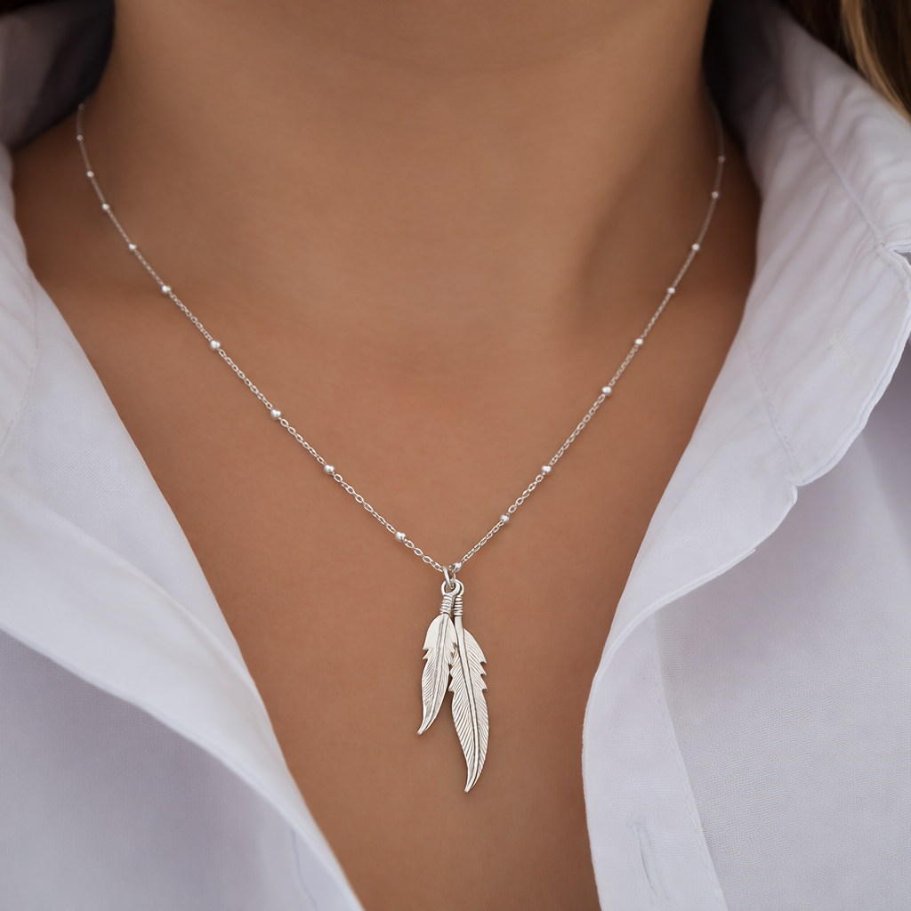 Sterling Silver Double Feather Necklace | Angel Jewellery UK