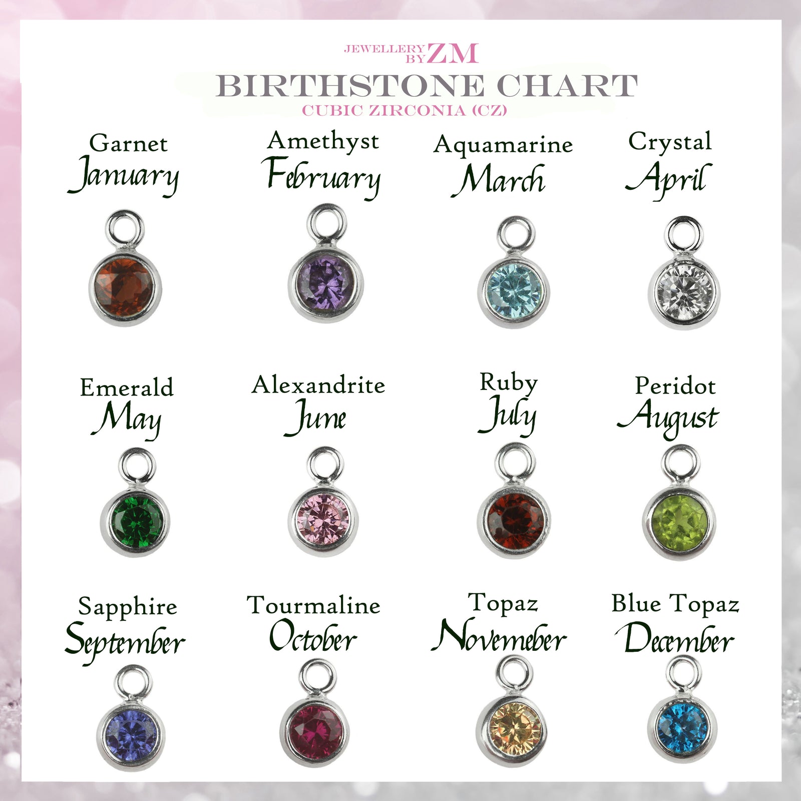 Sterling Silver CZ Birthstone Charm - Add on - JewelleryByZM 