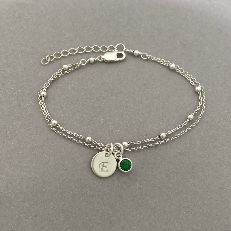 Personalized Sterling Silver Birthstone and Initial Bracelet