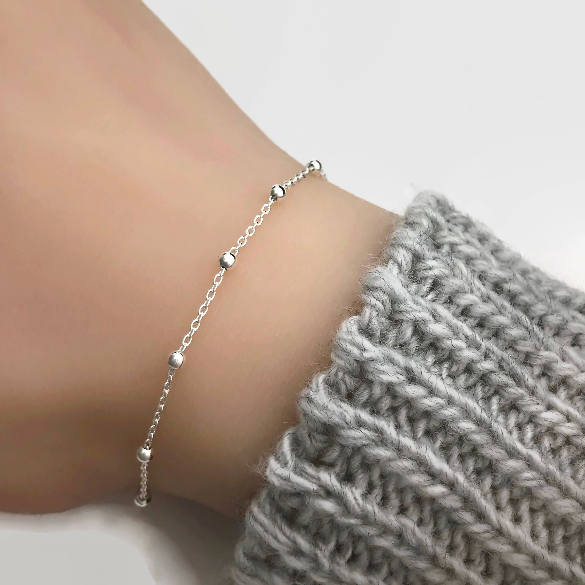 Sterling Silver Satellite Chain Bracelet - Layering Adjustable Bracelet