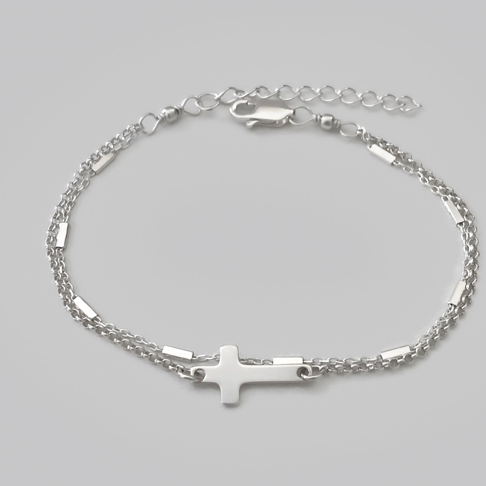 Layering Cross Bracelet in Sterling Silver - Solid 925 Sterling Silver Adjustable Double Chain Cross Bracelet - JewelleryByZM 