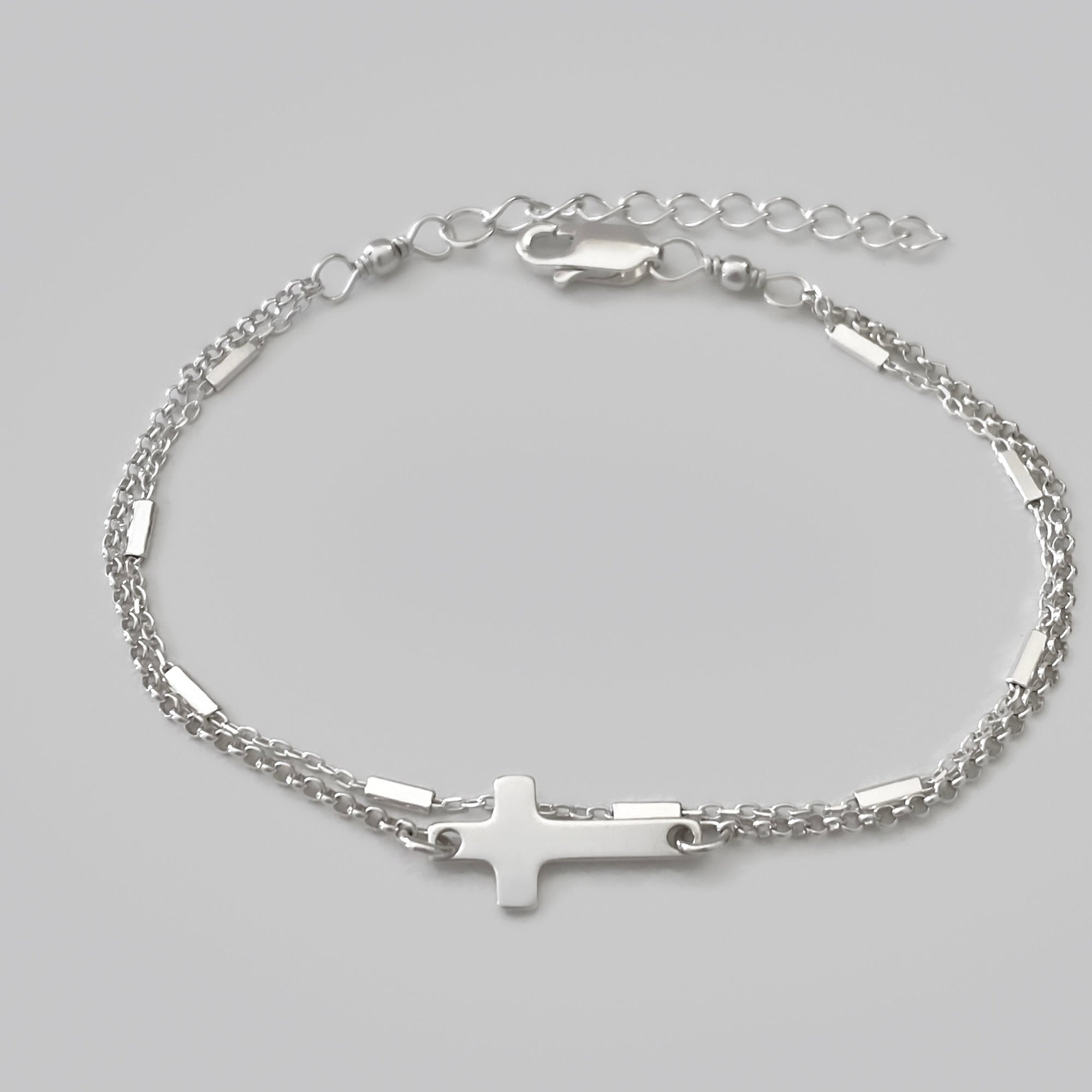 Layering Cross Bracelet in Sterling Silver - Solid 925 Sterling Silver Adjustable Double Chain Cross Bracelet