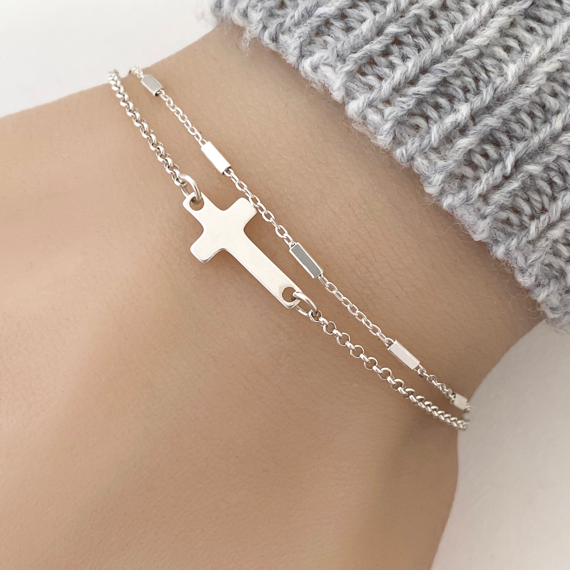 Layering Cross Bracelet in Sterling Silver - Solid 925 Sterling Silver Adjustable Double Chain Cross Bracelet