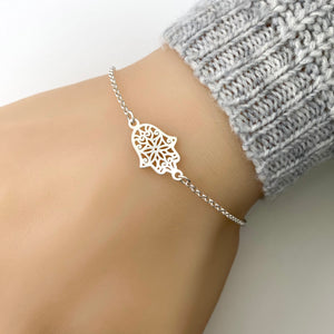 Hamsa Hand Bracelet - Small Hand of Fatima Bracelet - Hamsa Hand Bracelet in Sterling Silver - Adjustable Talisman Bracelet