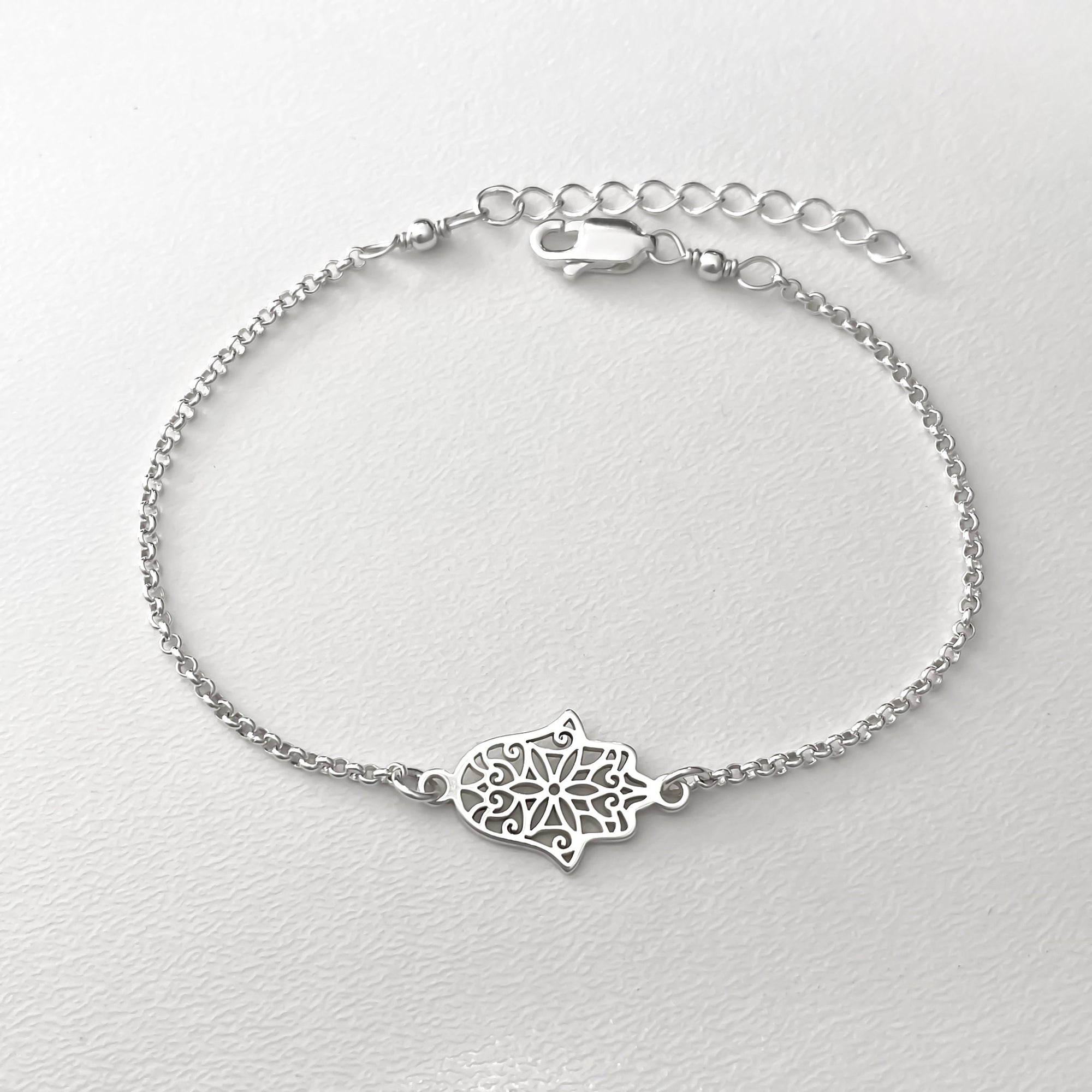 Hamsa Hand Bracelet - Small Hand of Fatima Bracelet - Hamsa Hand Bracelet in Sterling Silver - Adjustable Talisman Bracelet