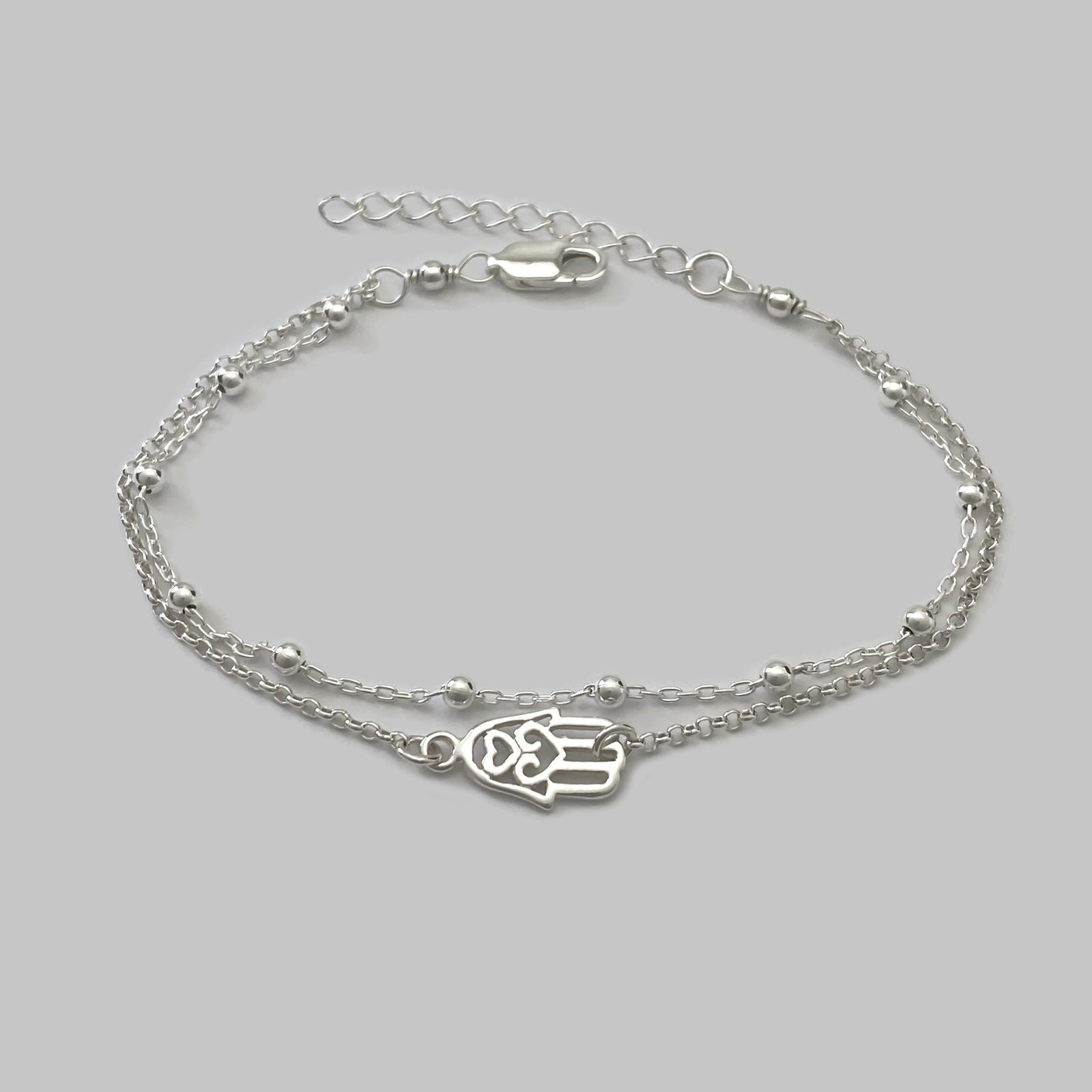 Double Chain Hamsa Hand Bracelet - Small Hand of Fatima Bracelet - Hamsa Hand Bracelet in Sterling Silver - Adjustable Talisman Bracelet - JewelleryByZM 