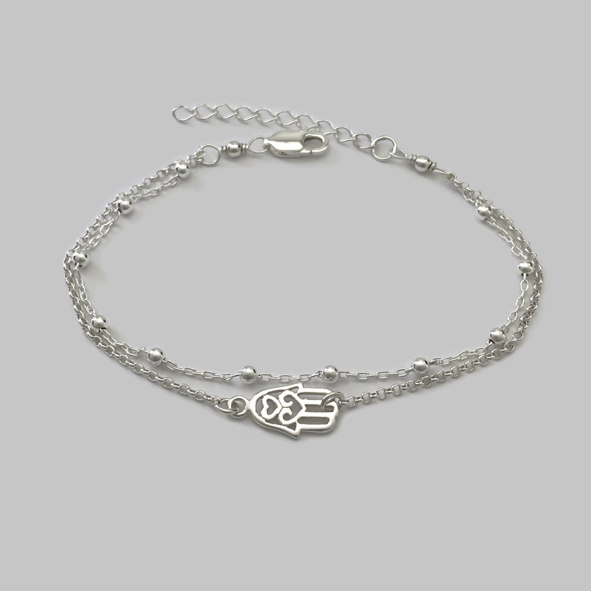 Double Chain Hamsa Hand Bracelet - Small Hand of Fatima Bracelet - Hamsa Hand Bracelet in Sterling Silver - Adjustable Talisman Bracelet