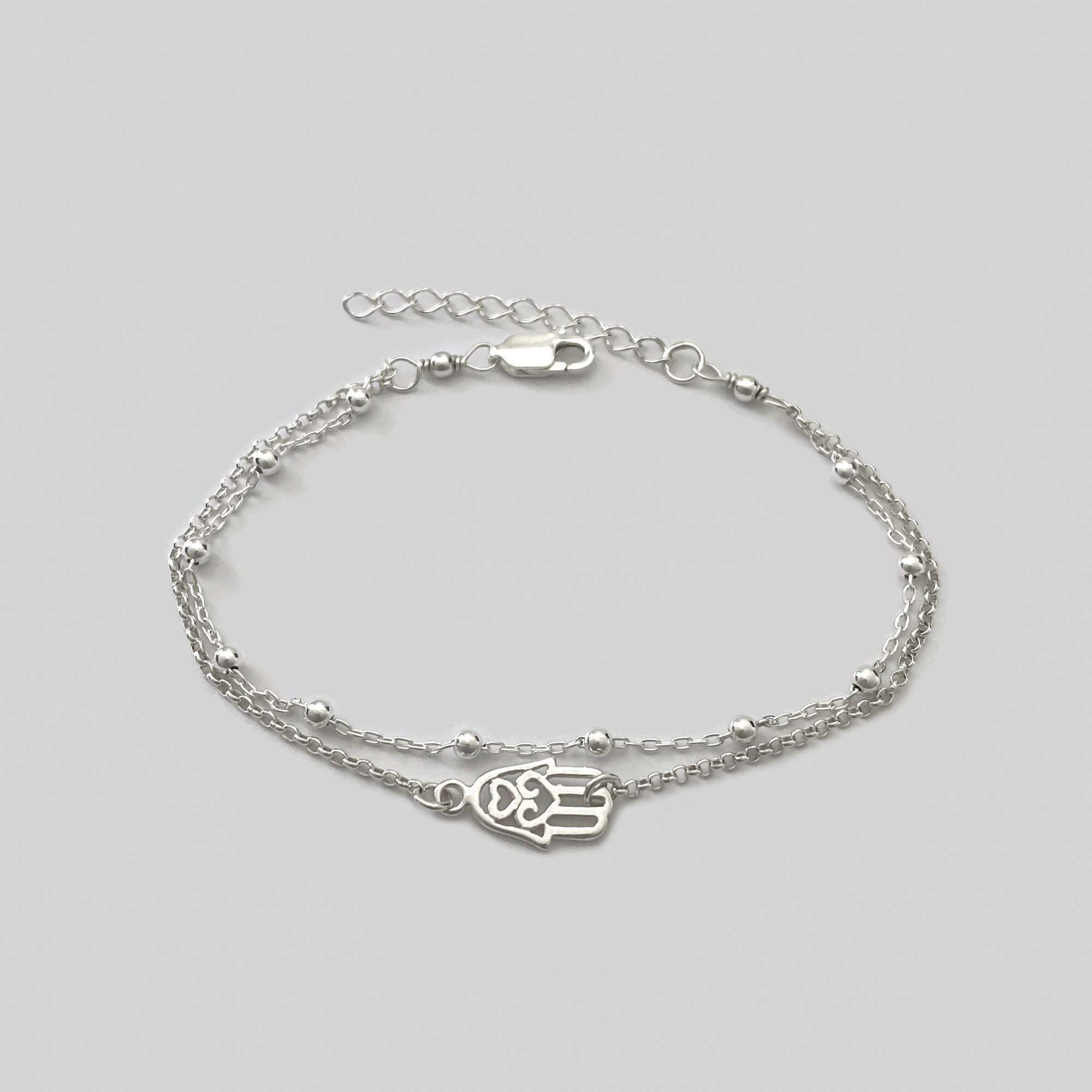 Double Chain Hamsa Hand Bracelet - Small Hand of Fatima Bracelet - Hamsa Hand Bracelet in Sterling Silver - Adjustable Talisman Bracelet