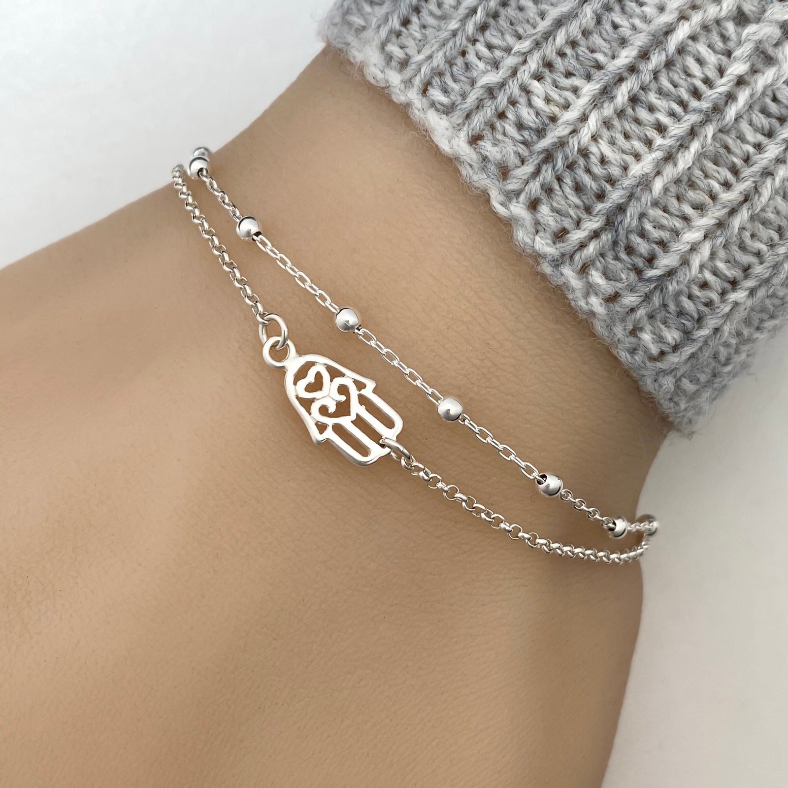 Double Chain Hamsa Hand Bracelet - Small Hand of Fatima Bracelet - Hamsa Hand Bracelet in Sterling Silver - Adjustable Talisman Bracelet - JewelleryByZM 