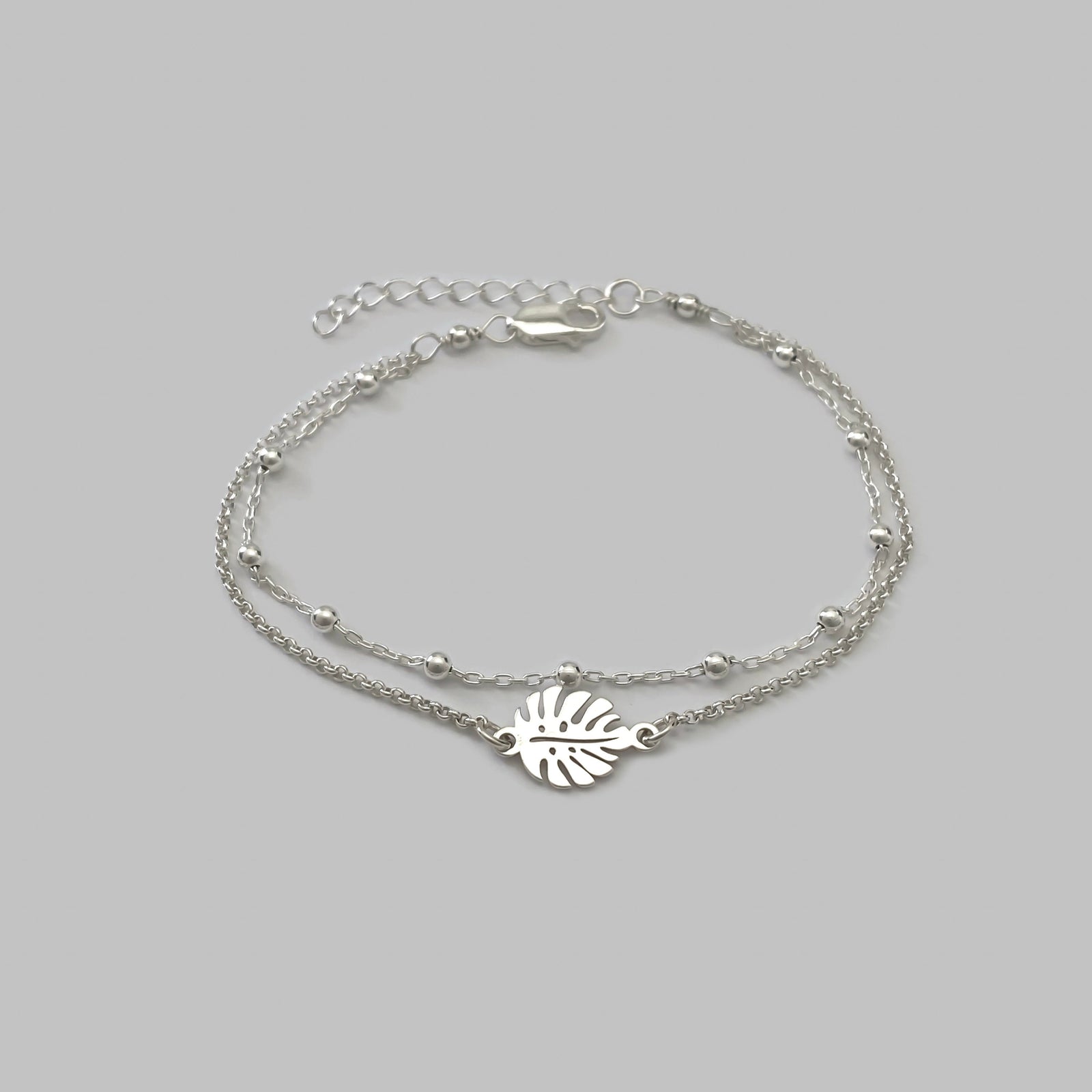 Sterling Silver Double Chain Monstera Leaf Bracelet - Adjustable Monstera Leaf Bracelet - JewelleryByZM 