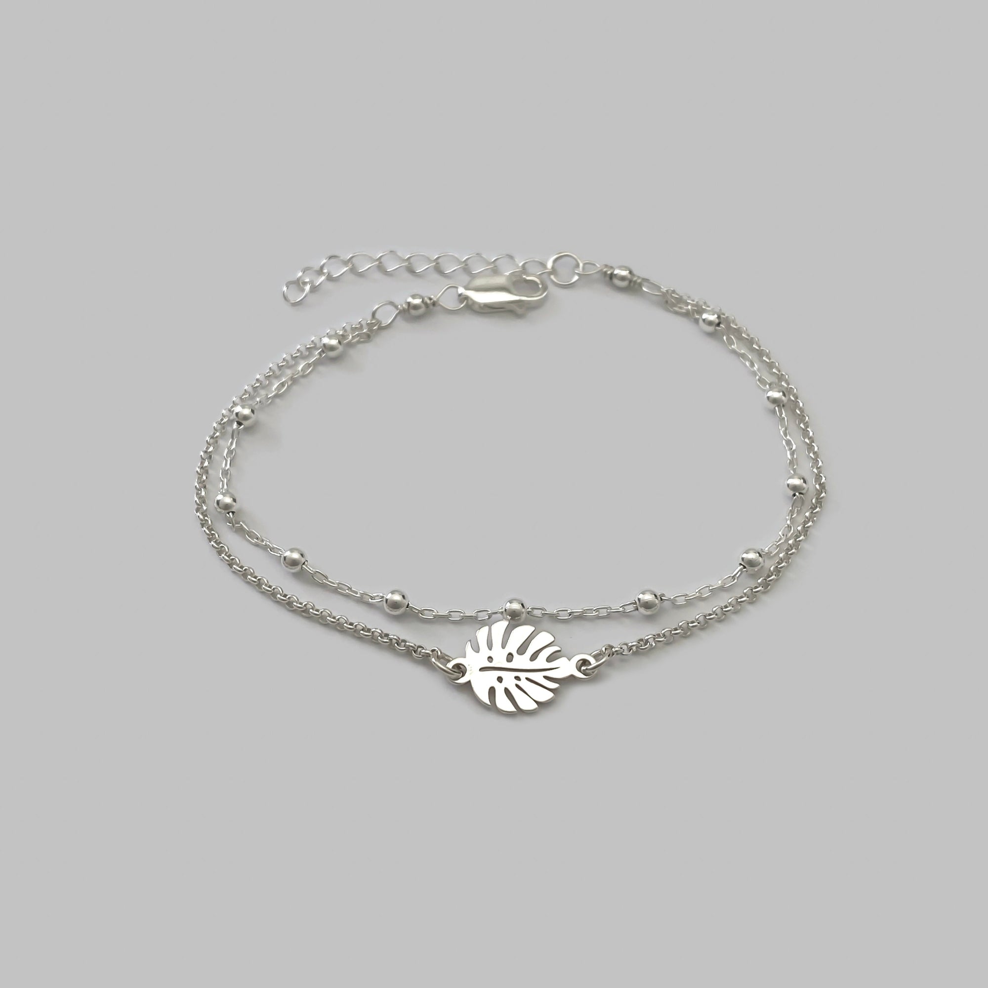 Sterling Silver Double Chain Monstera Leaf Bracelet - Adjustable Monstera Leaf Bracelet