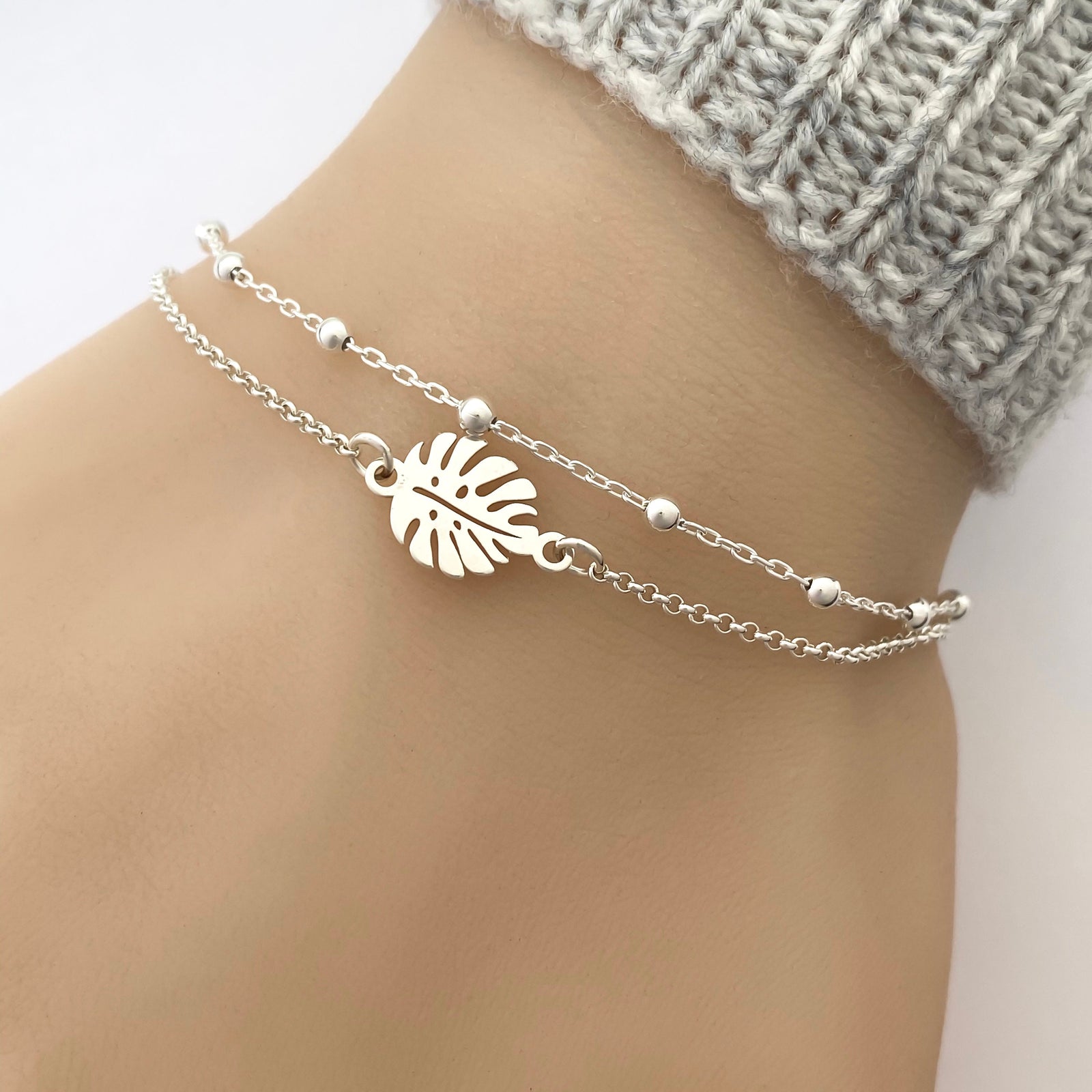 Sterling Silver Double Chain Monstera Leaf Bracelet - Adjustable Monstera Leaf Bracelet - JewelleryByZM 