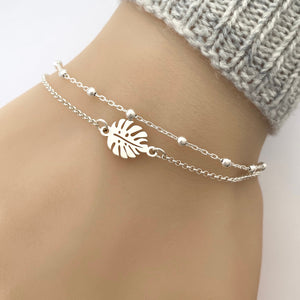 Sterling Silver Double Chain Monstera Leaf Bracelet - Adjustable Monstera Leaf Bracelet