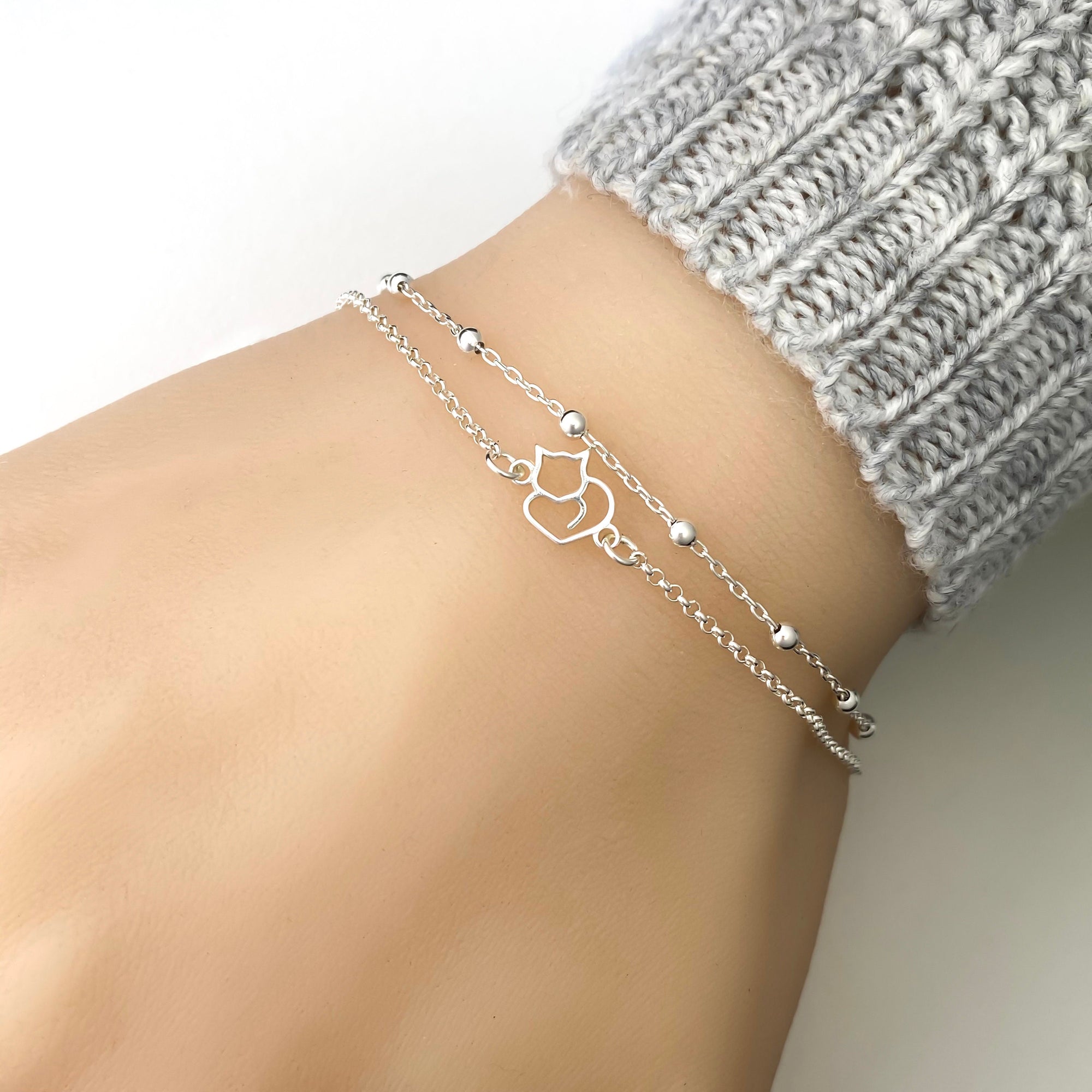 Sterling Silver Cat Bracelet, Layering Cat Bracelet, Cat Lover Gift