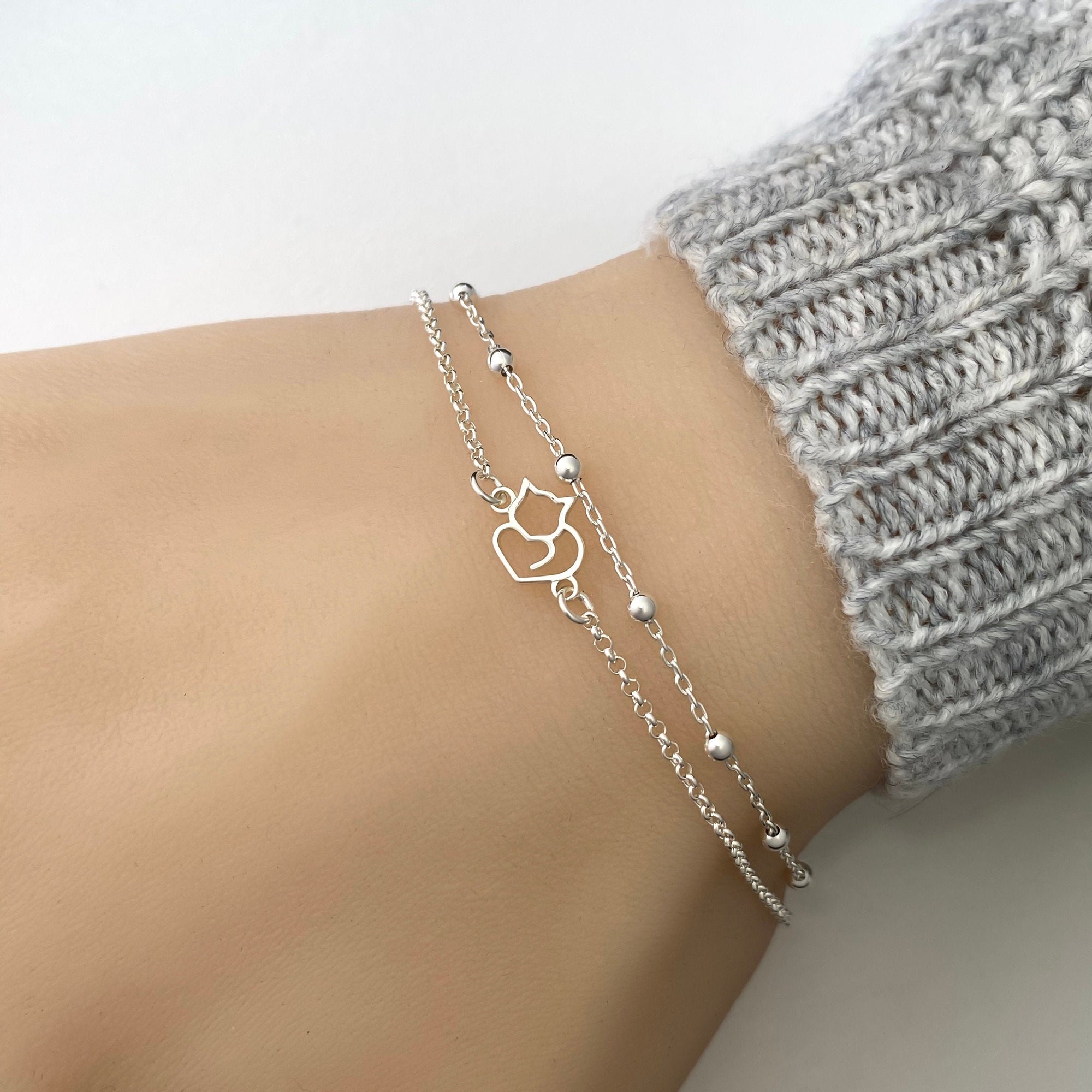 Sterling Silver Cat Bracelet, Layering Cat Bracelet, Cat Lover Gift