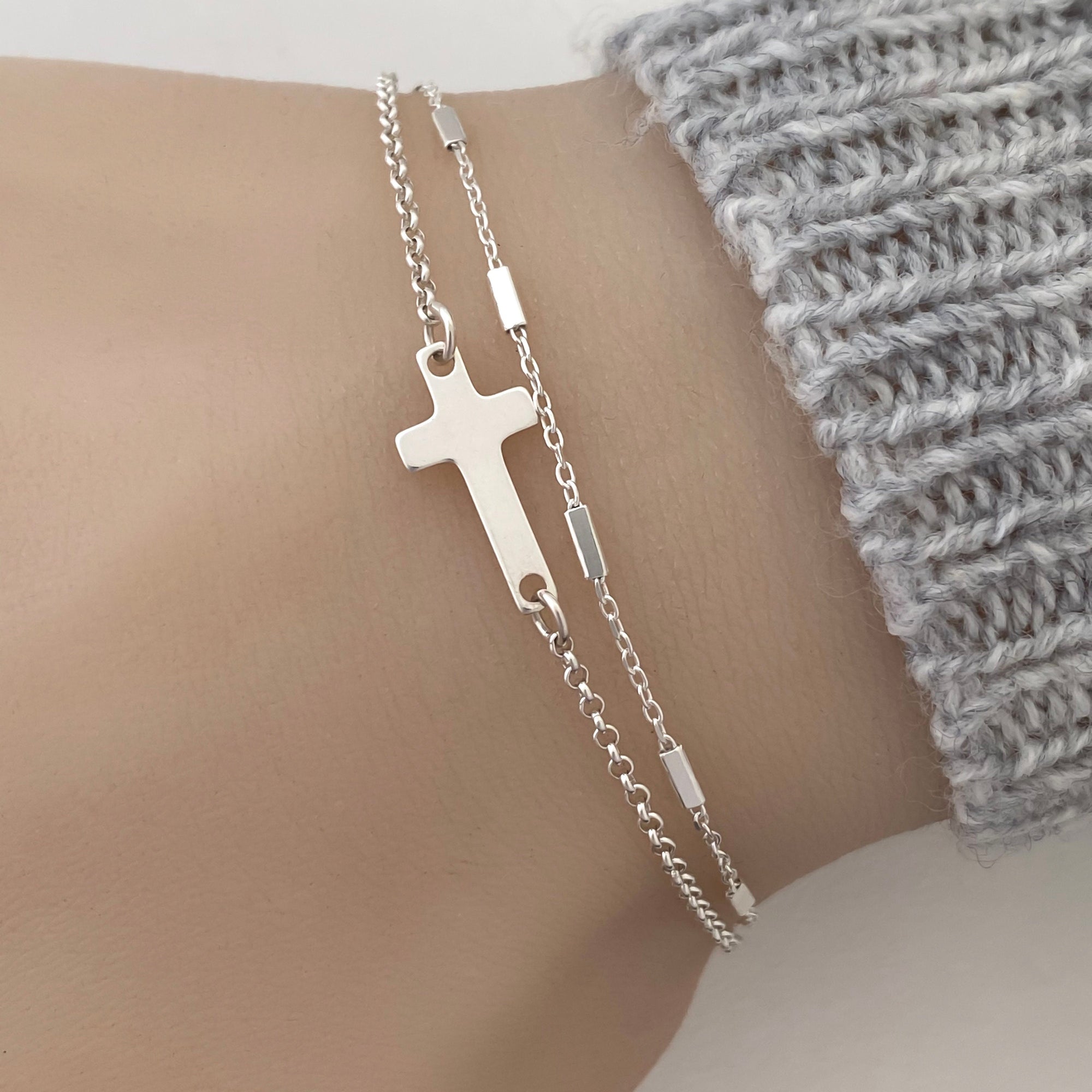 Layering Cross Bracelet in Sterling Silver - Solid 925 Sterling Silver Adjustable Double Chain Cross Bracelet