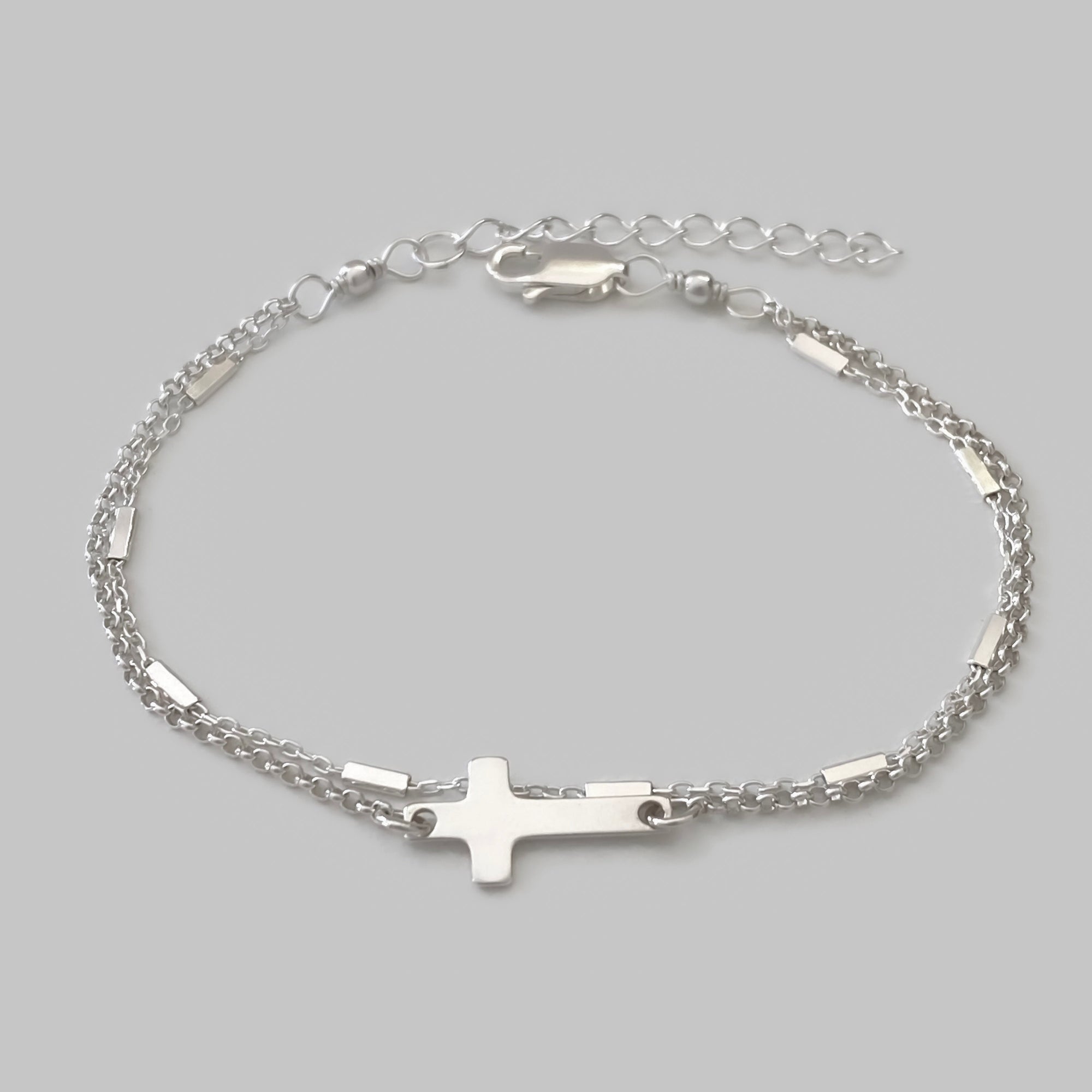 Layering Cross Bracelet in Sterling Silver - Solid 925 Sterling Silver Adjustable Double Chain Cross Bracelet