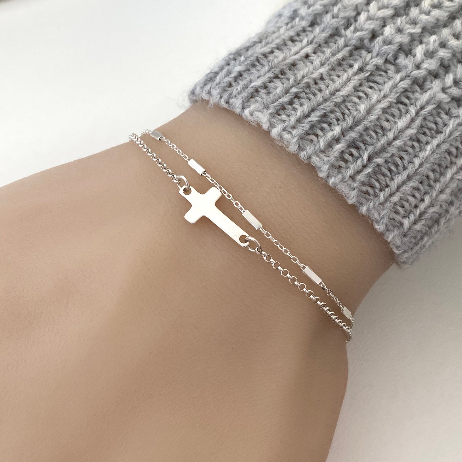 Layering Cross Bracelet in Sterling Silver - Solid 925 Sterling Silver Adjustable Double Chain Cross Bracelet - JewelleryByZM 