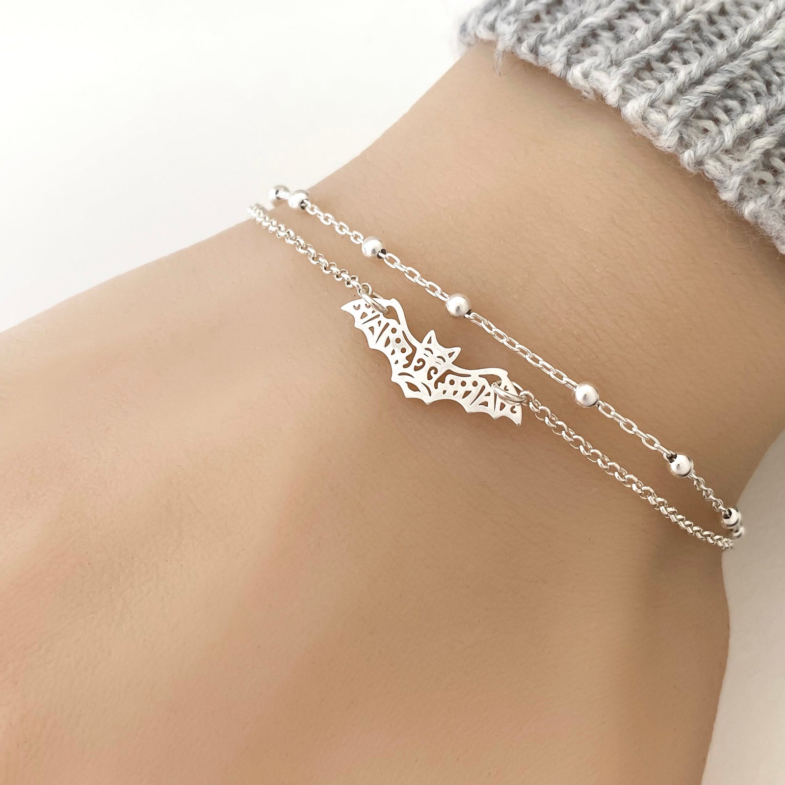 Sterling Silver Bat Bracelet - Double Chain Adjustable Bat Bracelet - JewelleryByZM 