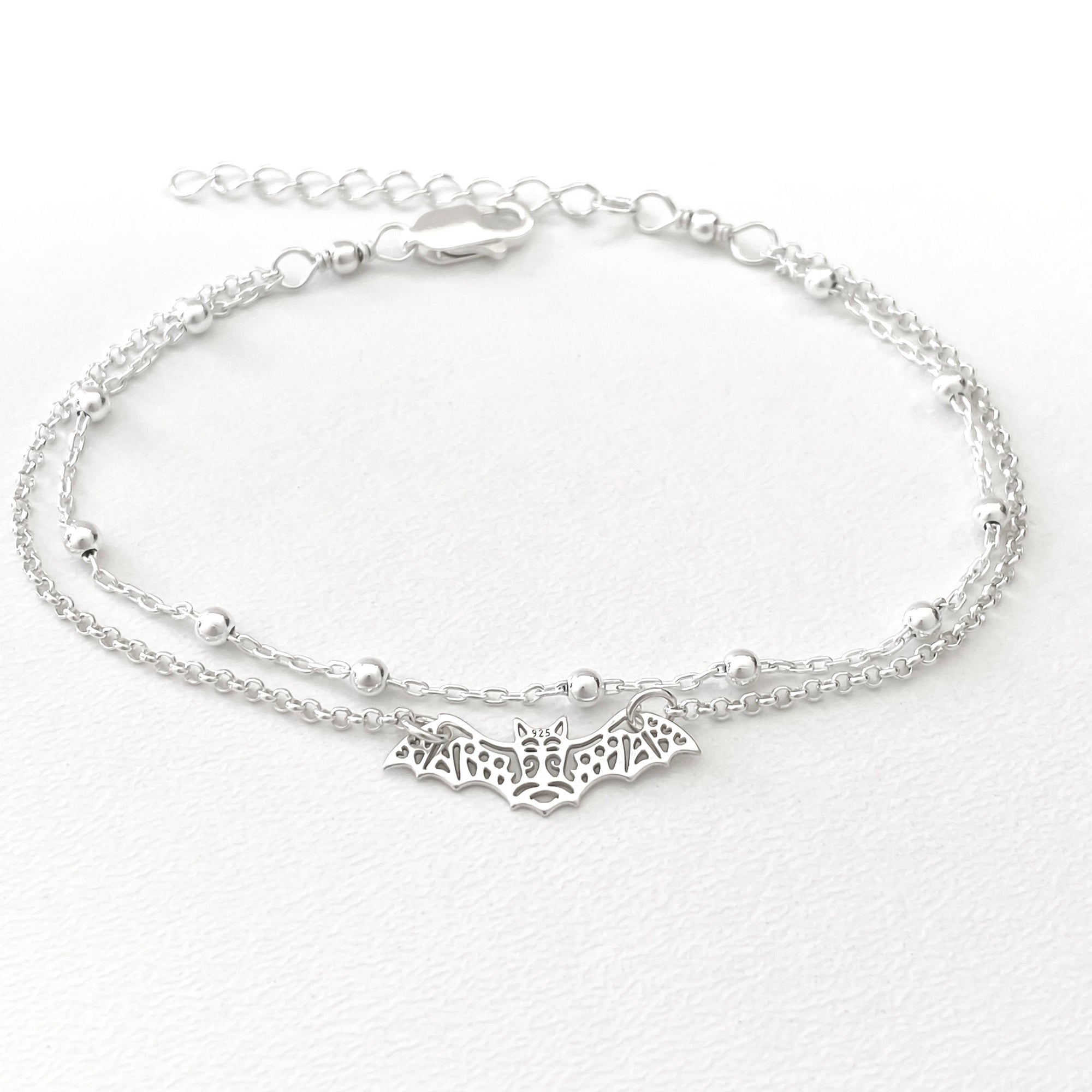 Sterling Silver Bat Bracelet - Double Chain Adjustable Bat Bracelet