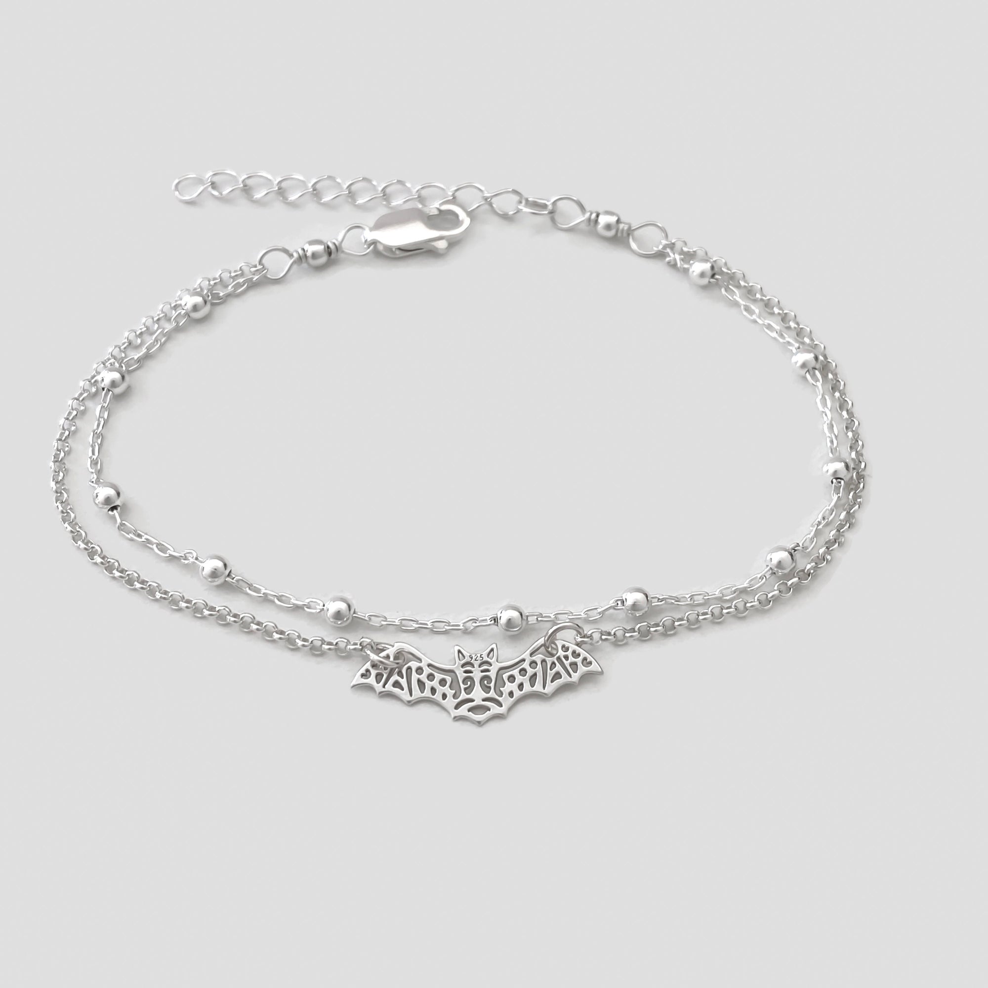 Sterling Silver Bat Bracelet - Double Chain Adjustable Bat Bracelet