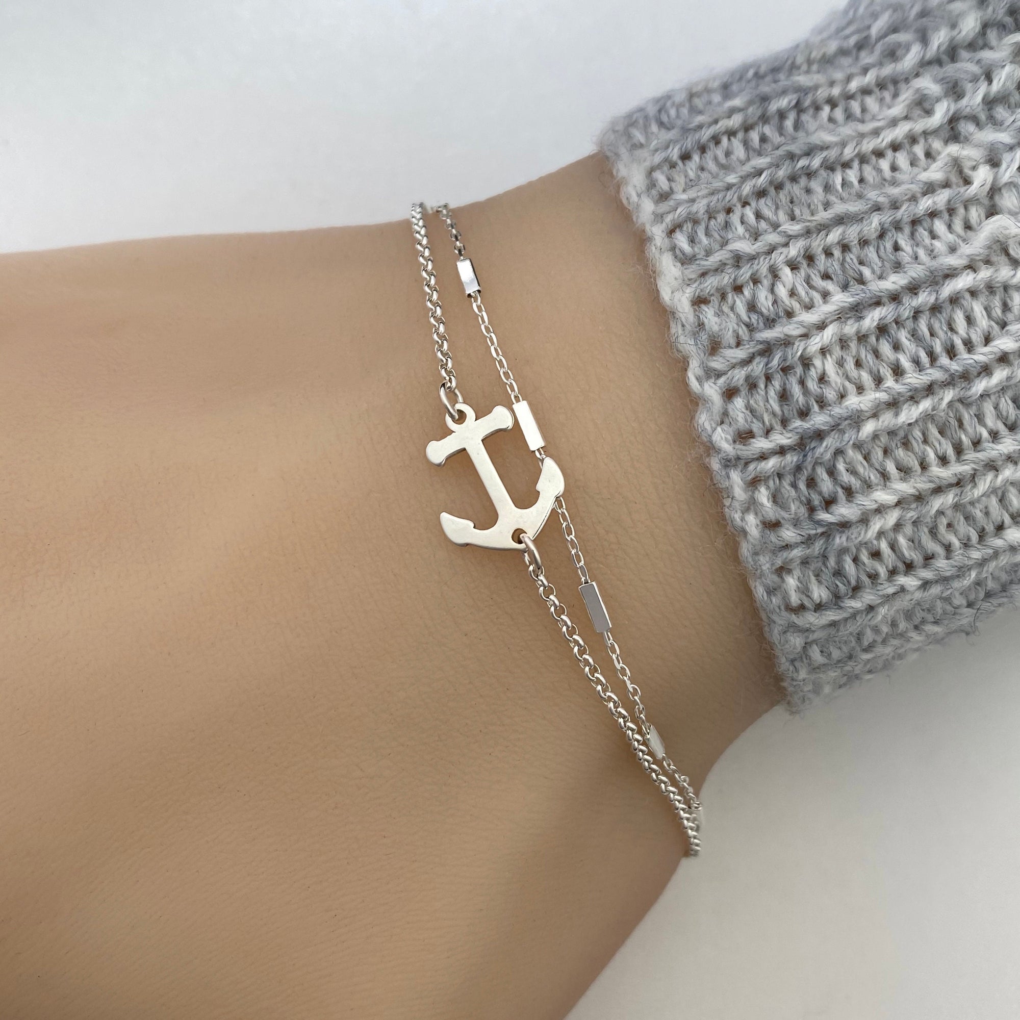 Delicate Sterling Silver Double Chain Anchor Bracelet, Adjustable bracelet