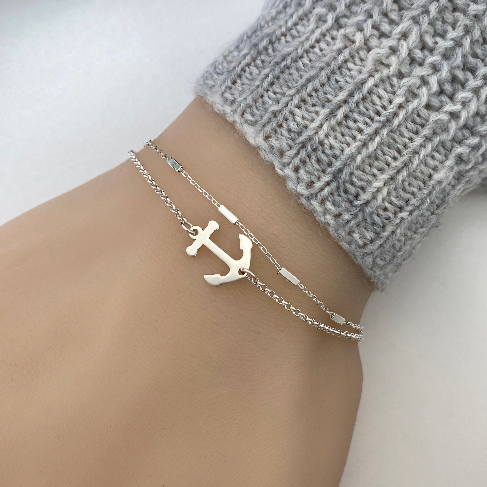 Delicate Sterling Silver Double Chain Anchor Bracelet, Adjustable bracelet