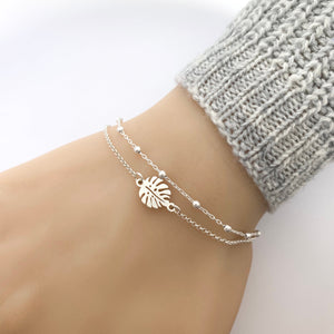 Sterling Silver Double Chain Monstera Leaf Bracelet - Adjustable Monstera Leaf Bracelet