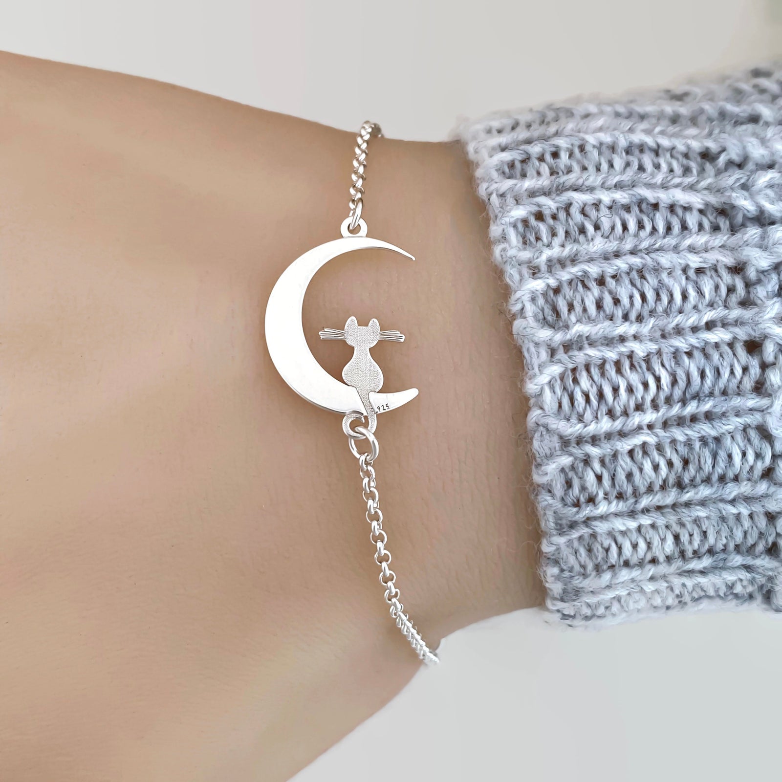 Sterling Silver Cat on the Moon Bracelet - JewelleryByZM 