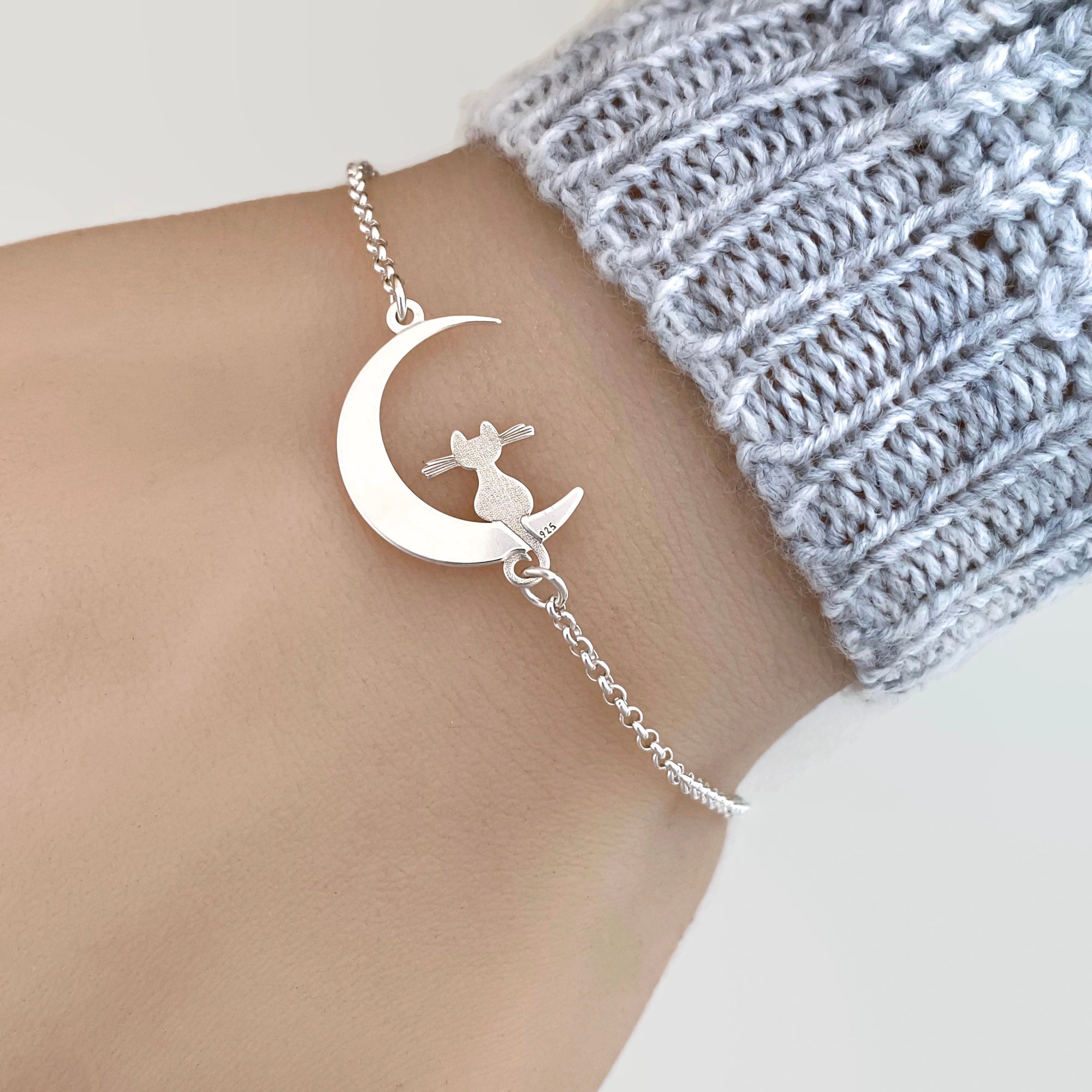 Sterling Silver Cat on the Moon Bracelet