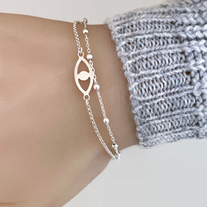 Lucky Eye Bracelet - Sterling Silver Double Chain Bracelet - Evil Eye Bracelet - Adjustable Talisman Bracelet